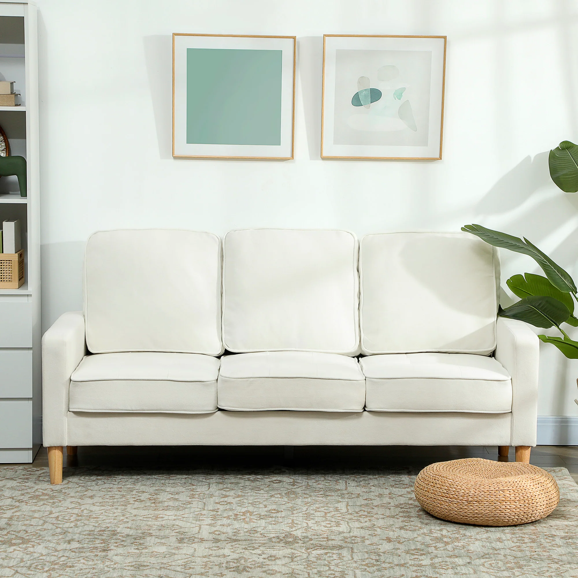 Canapé 3 places en velours, 185 cm, design moderne, canapé avec coussins épais, pieds en bois d'hévéa et assise capitonné, pour salon, chambre, bureau, crème - Image 9