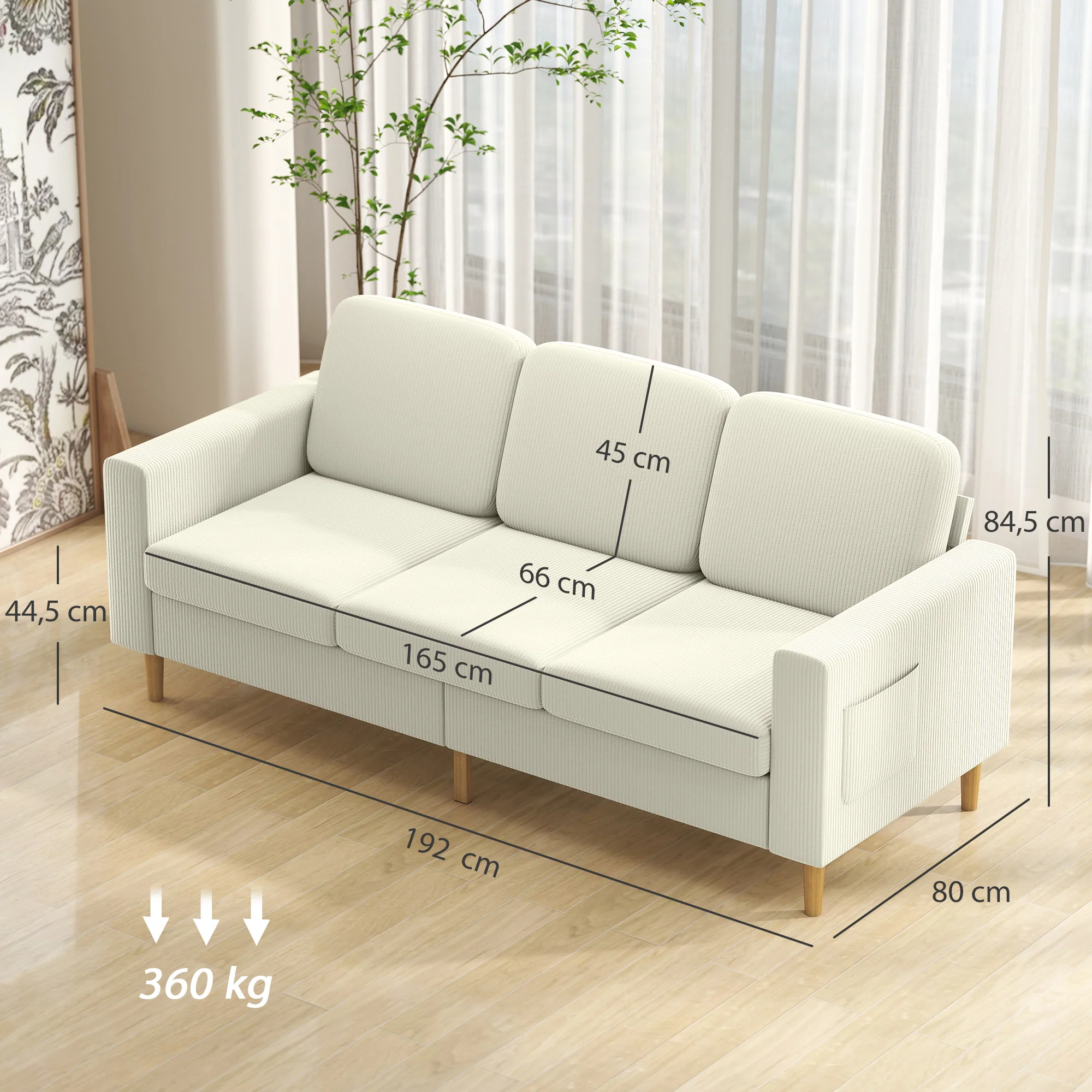 Canapé 3 places en velours côtelé, 192 cm, design moderne, canapé avec coussins à ressorts et assise rembourré, pour salon, chambre, bureau, beige - Image 4