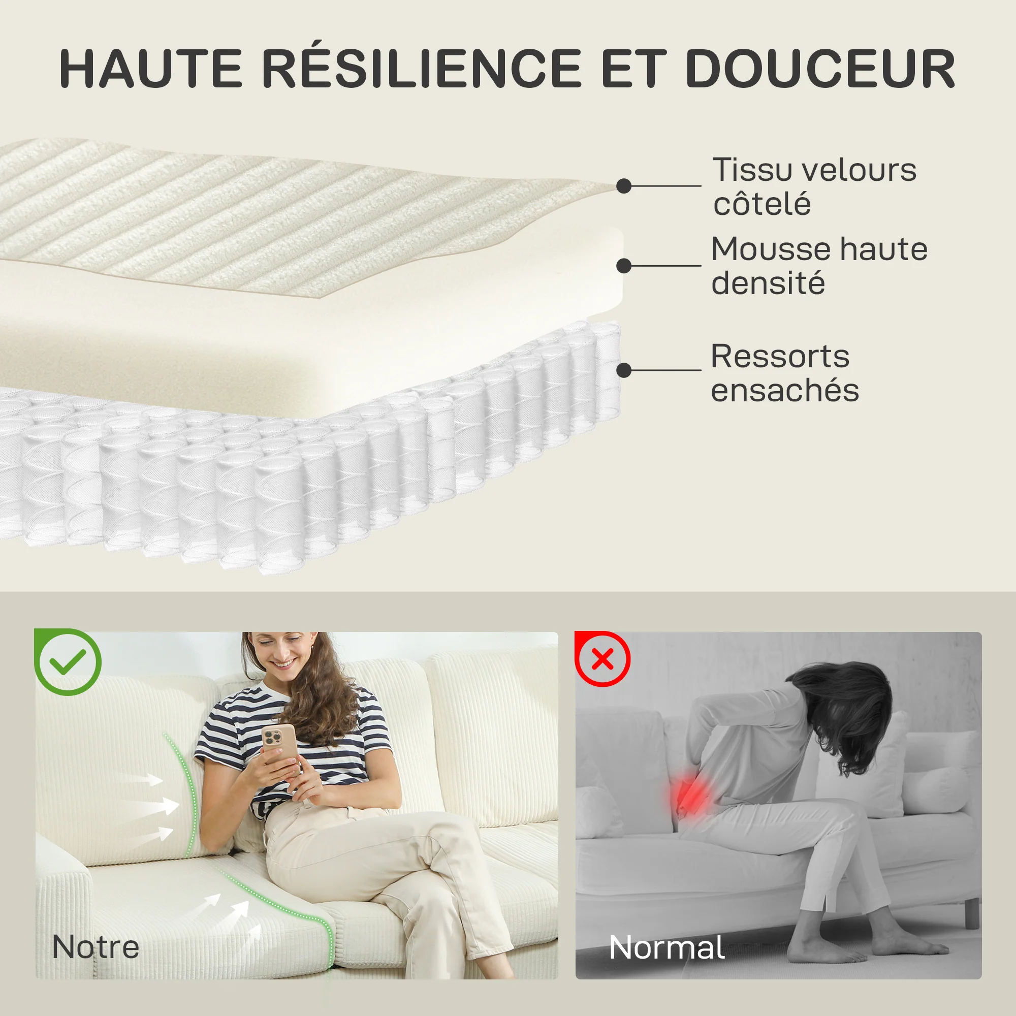 Canapé 3 places en velours côtelé, 192 cm, design moderne, canapé avec coussins à ressorts et assise rembourré, pour salon, chambre, bureau, beige - Image 5