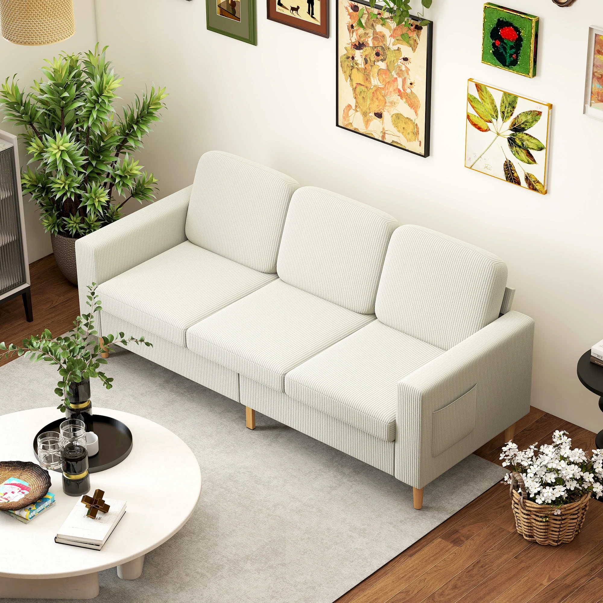 Canapé 3 places en velours côtelé, 192 cm, design moderne, canapé avec coussins à ressorts et assise rembourré, pour salon, chambre, bureau, beige - Image 9