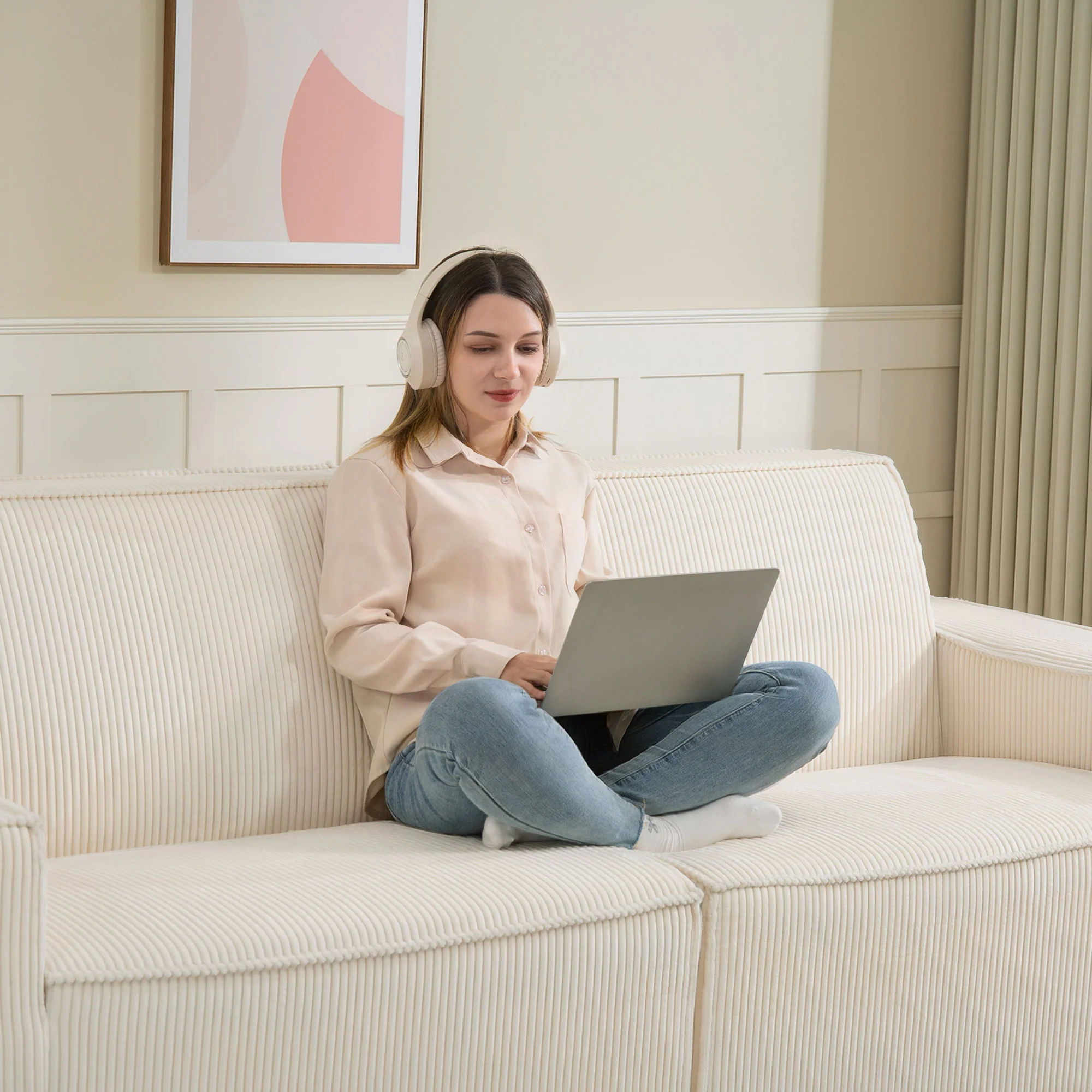 Canapé 3 places en velours c?telé 230 cm, canapé moderne avec assise et accoudoirs rembourrées, entièrement compressé pas de montage nécessaire, pour salon, chambre, bureau, beige - Image 10