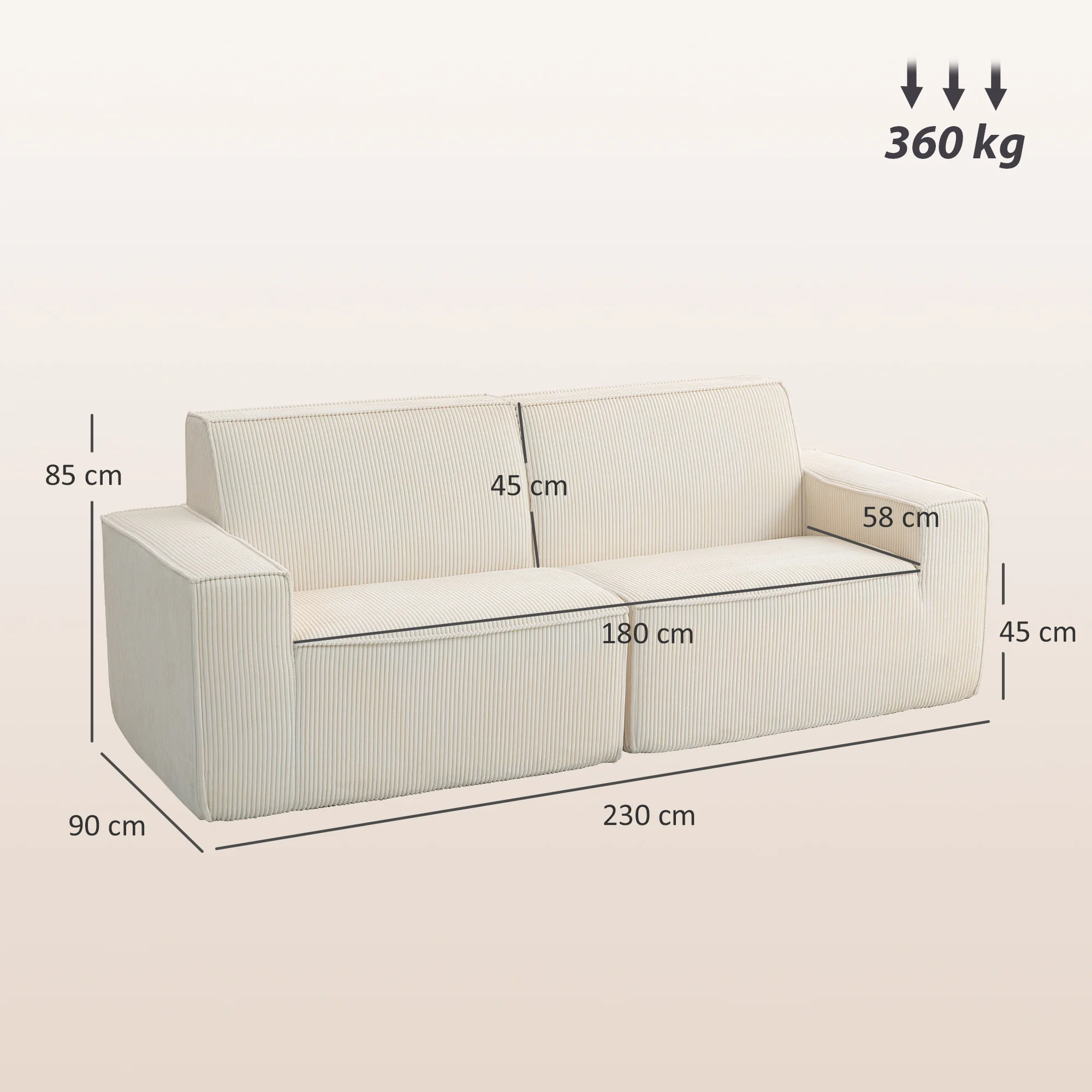 Canapé 3 places en velours c?telé 230 cm, canapé moderne avec assise et accoudoirs rembourrées, entièrement compressé pas de montage nécessaire, pour salon, chambre, bureau, beige - Image 4