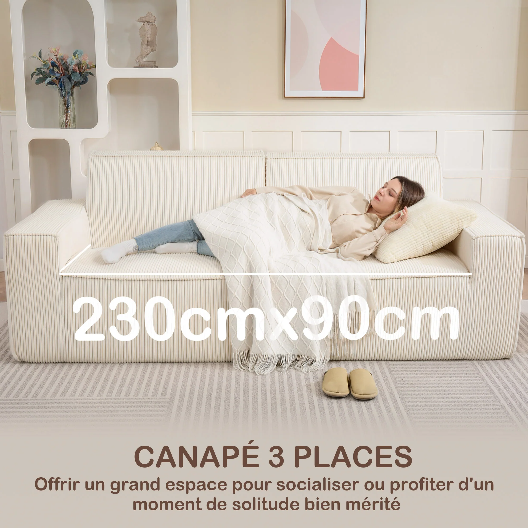 Canapé 3 places en velours c?telé 230 cm, canapé moderne avec assise et accoudoirs rembourrées, entièrement compressé pas de montage nécessaire, pour salon, chambre, bureau, beige - Image 5