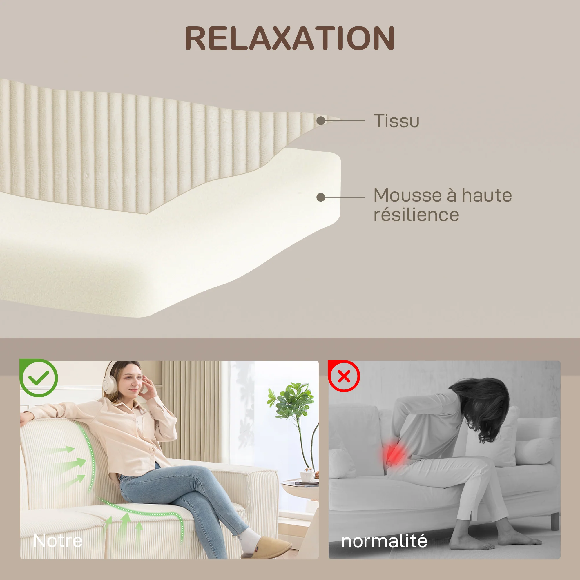 Canapé 3 places en velours c?telé 230 cm, canapé moderne avec assise et accoudoirs rembourrées, entièrement compressé pas de montage nécessaire, pour salon, chambre, bureau, beige - Image 6