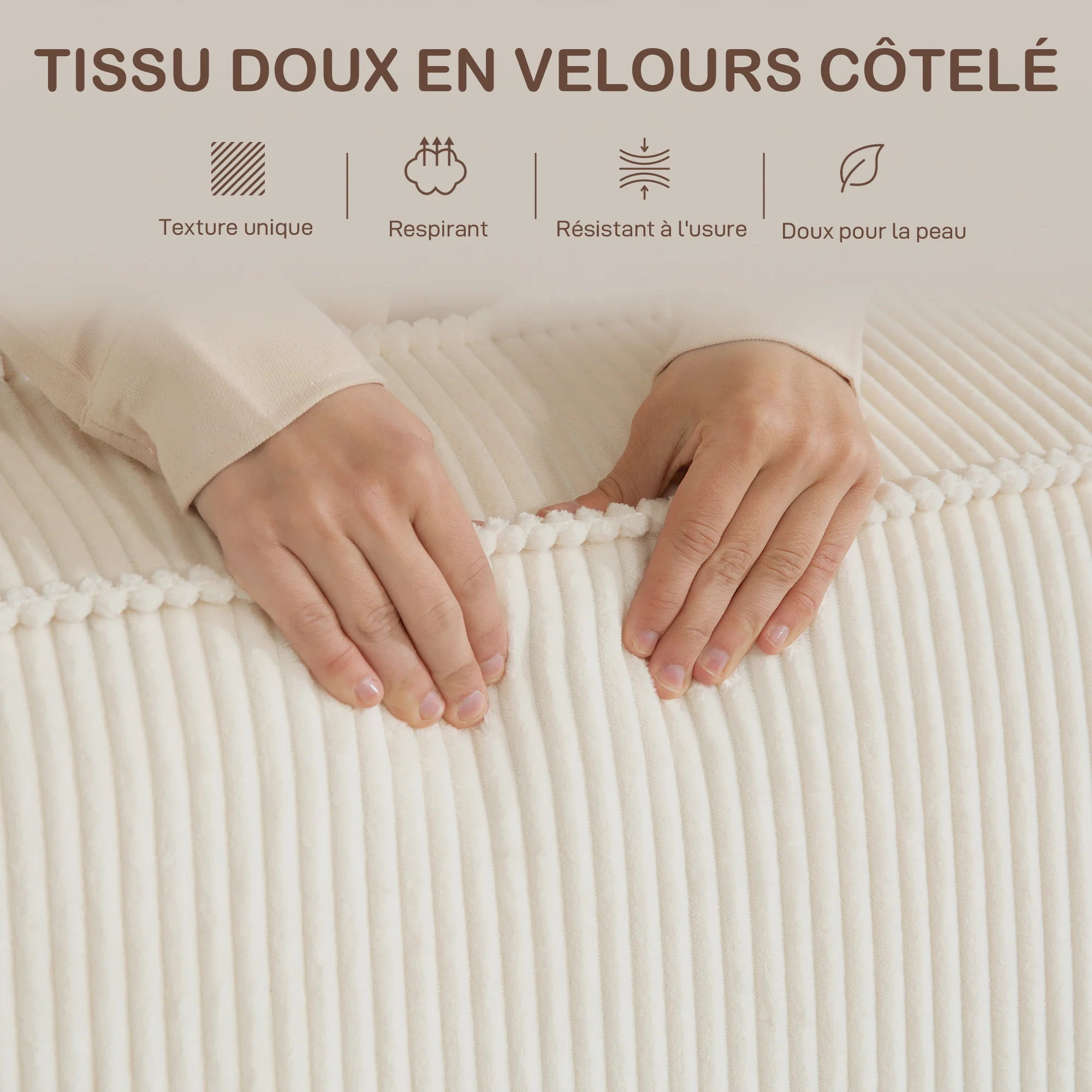 Canapé 3 places en velours c?telé 230 cm, canapé moderne avec assise et accoudoirs rembourrées, entièrement compressé pas de montage nécessaire, pour salon, chambre, bureau, beige - Image 7