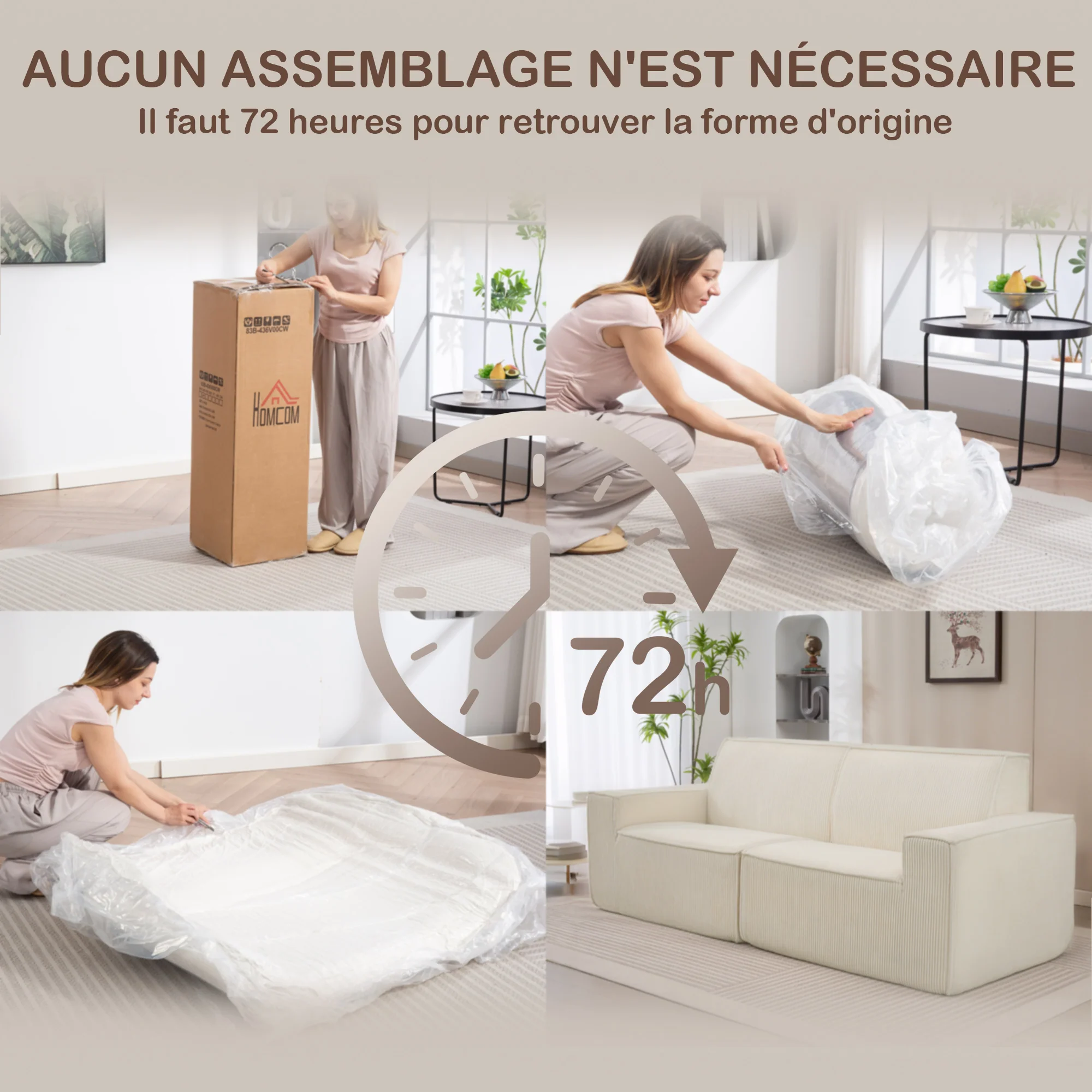Canapé 3 places en velours c?telé 230 cm, canapé moderne avec assise et accoudoirs rembourrées, entièrement compressé pas de montage nécessaire, pour salon, chambre, bureau, beige - Image 8