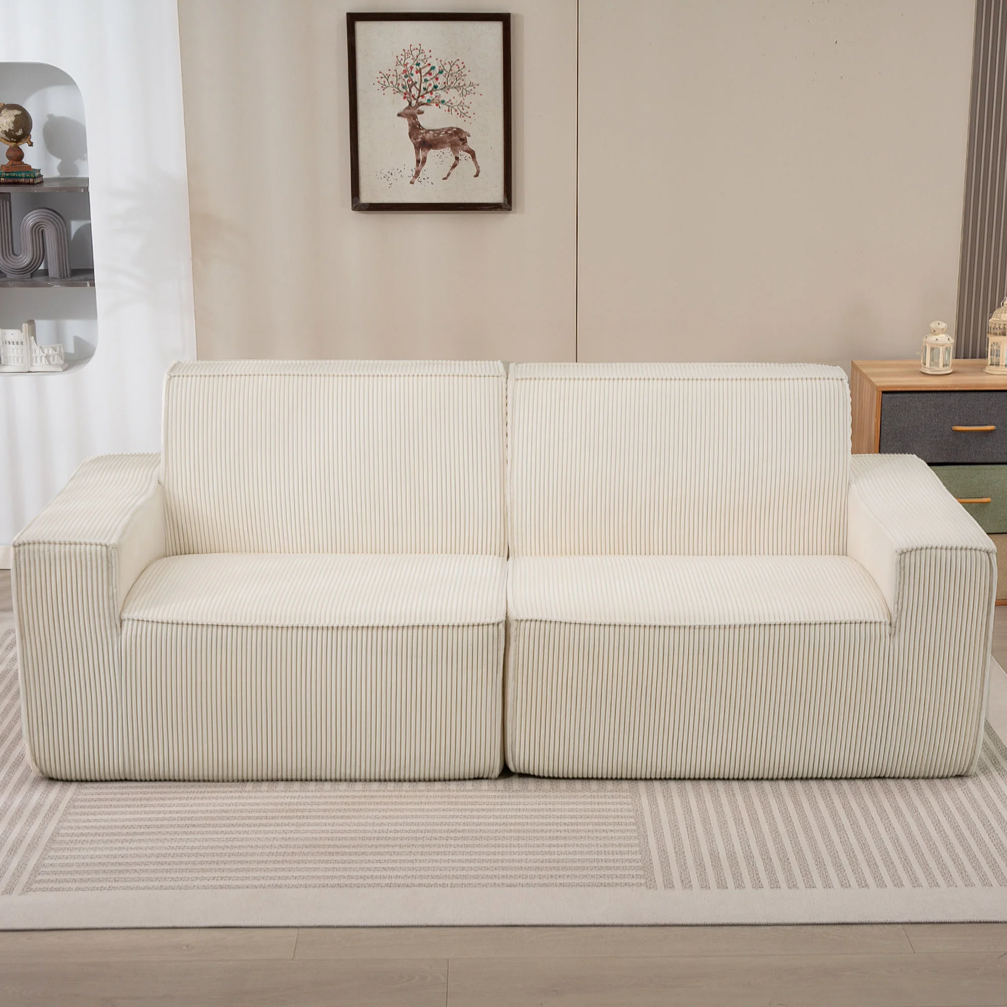 Canapé 3 places en velours c?telé 230 cm, canapé moderne avec assise et accoudoirs rembourrées, entièrement compressé pas de montage nécessaire, pour salon, chambre, bureau, beige - Image 9