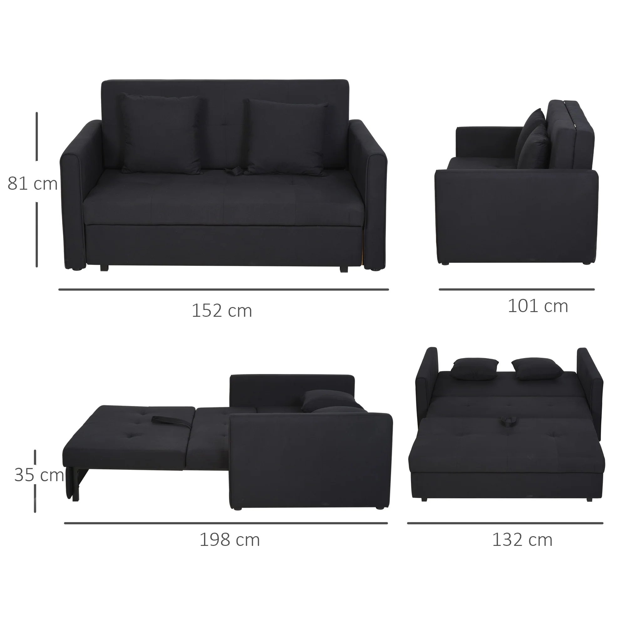 Canapé convertible 2 places 2 en 1, canapé-lit avec 2 coussins inclus et coffre de rangement intégré, tissu en coton, pour salon, chambre d'amis, petit espace, gris foncé - Image 4