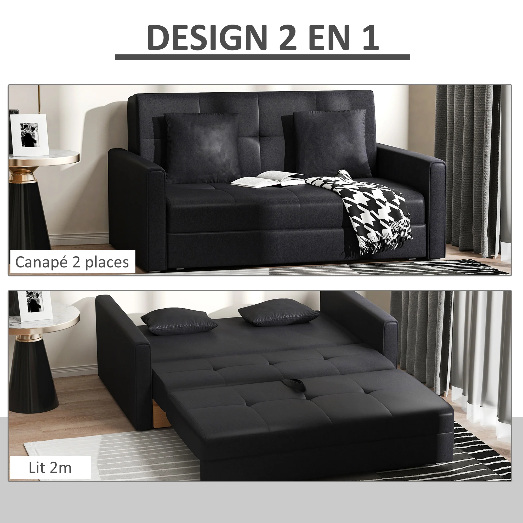 Canapé convertible 2 places 2 en 1, canapé-lit avec 2 coussins inclus et coffre de rangement intégré, tissu en coton, pour salon, chambre d'amis, petit espace, gris foncé - Image 5