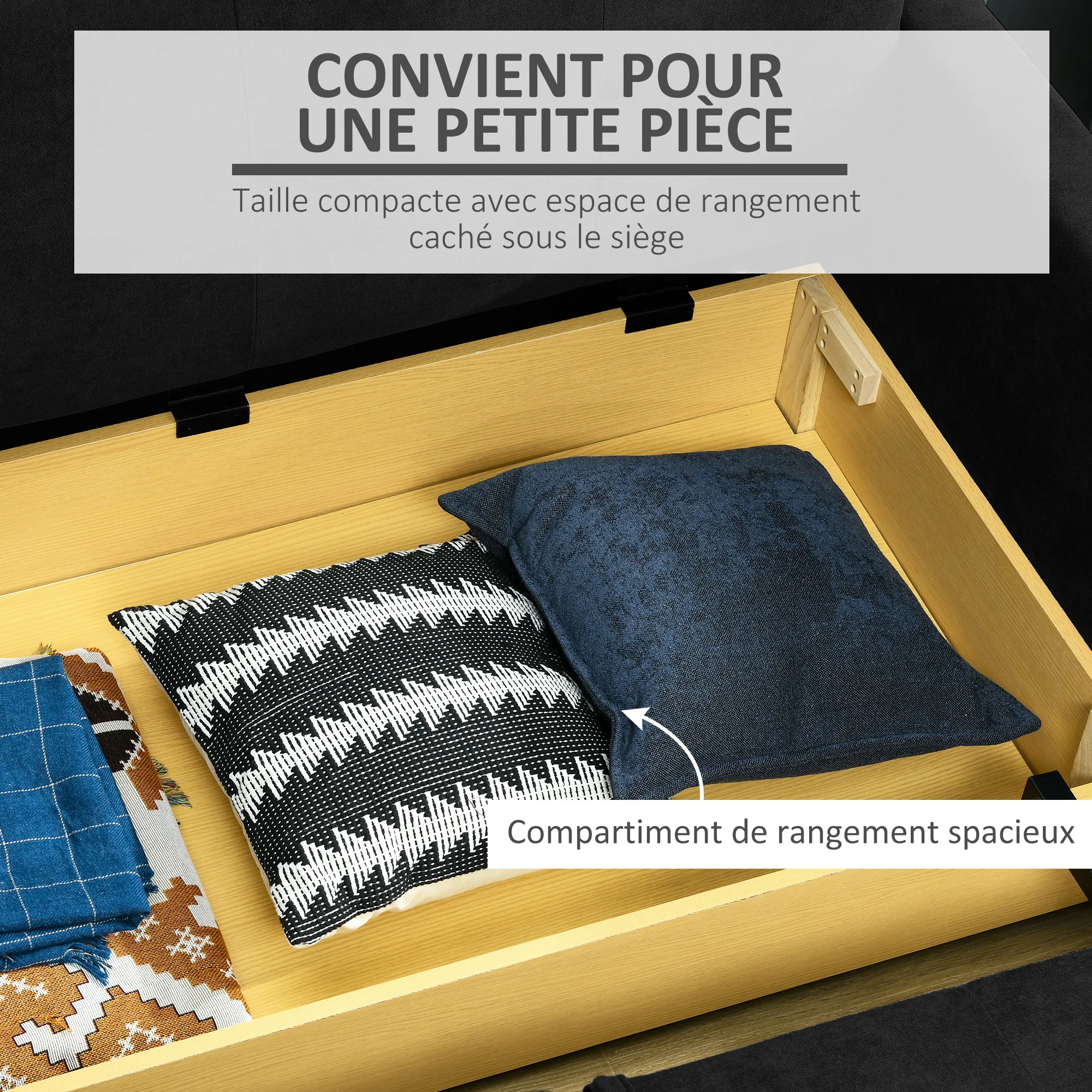 Canapé convertible 2 places 2 en 1, canapé-lit avec 2 coussins inclus et coffre de rangement intégré, tissu en coton, pour salon, chambre d'amis, petit espace, gris foncé - Image 6