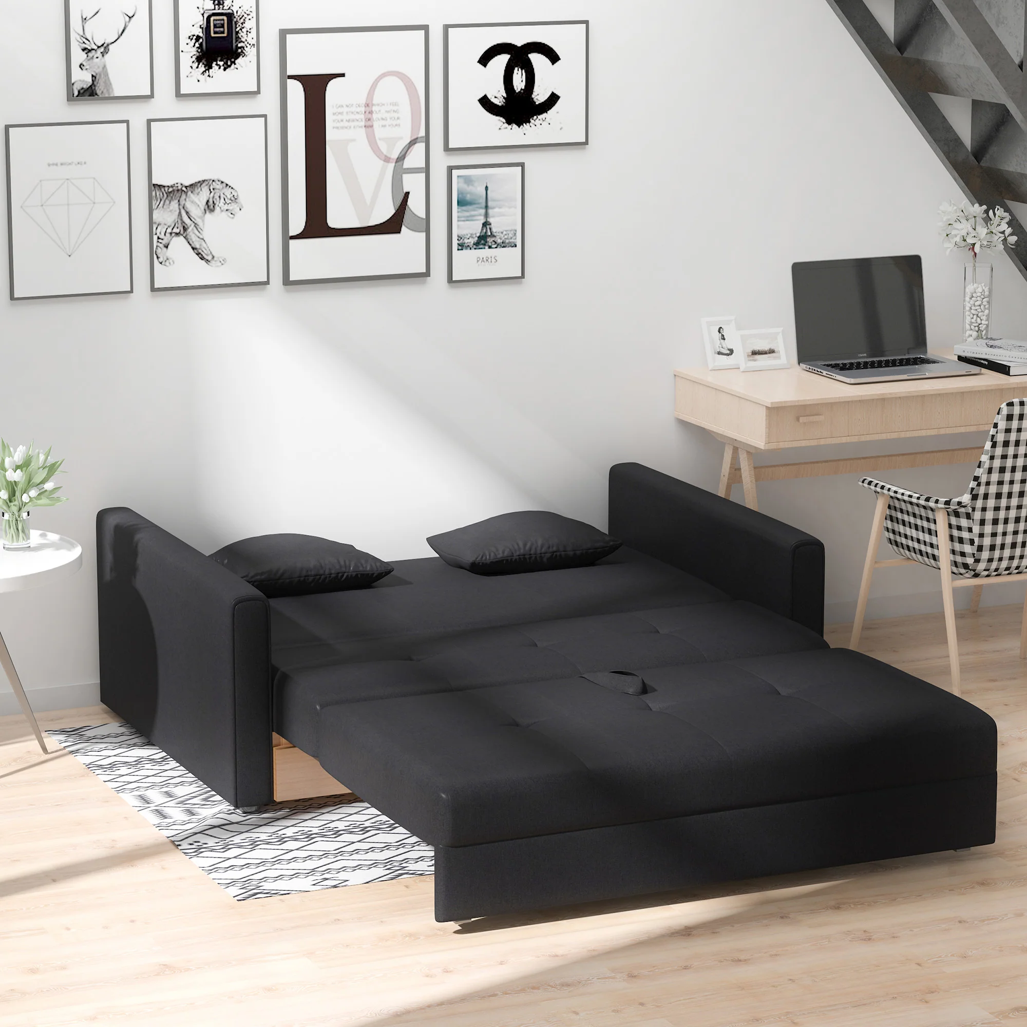 Canapé convertible 2 places 2 en 1, canapé-lit avec 2 coussins inclus et coffre de rangement intégré, tissu en coton, pour salon, chambre d'amis, petit espace, gris foncé - Image 9