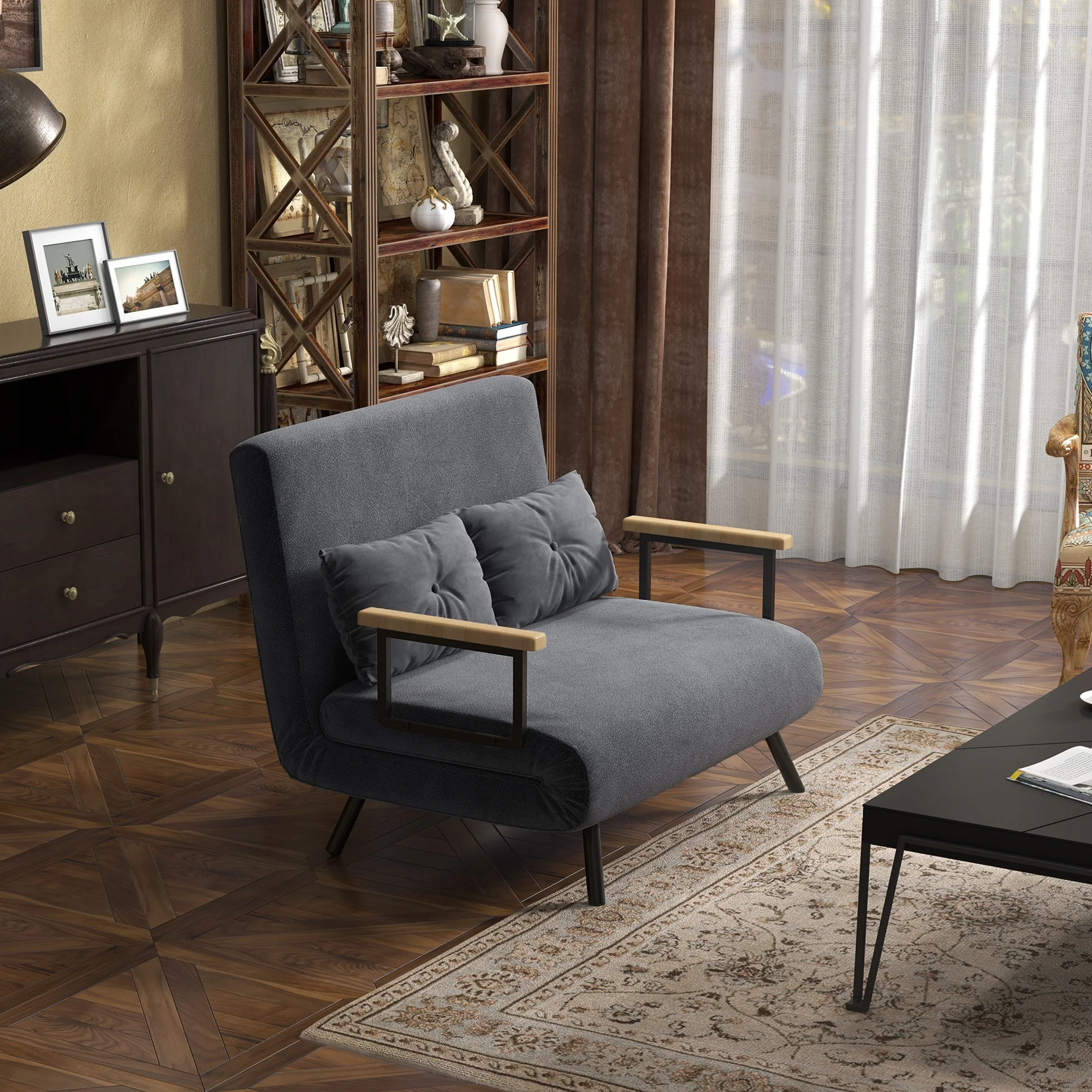 Canapé convertible 2 places 4 en 1, chauffeuse, fauteuil-lit pliant avec dossier réglable 5 niveaux et 2 coussins rembourrés, tissu effet velours pour salon, chambre d'amis, 102x73x81cm, gris - Image 3