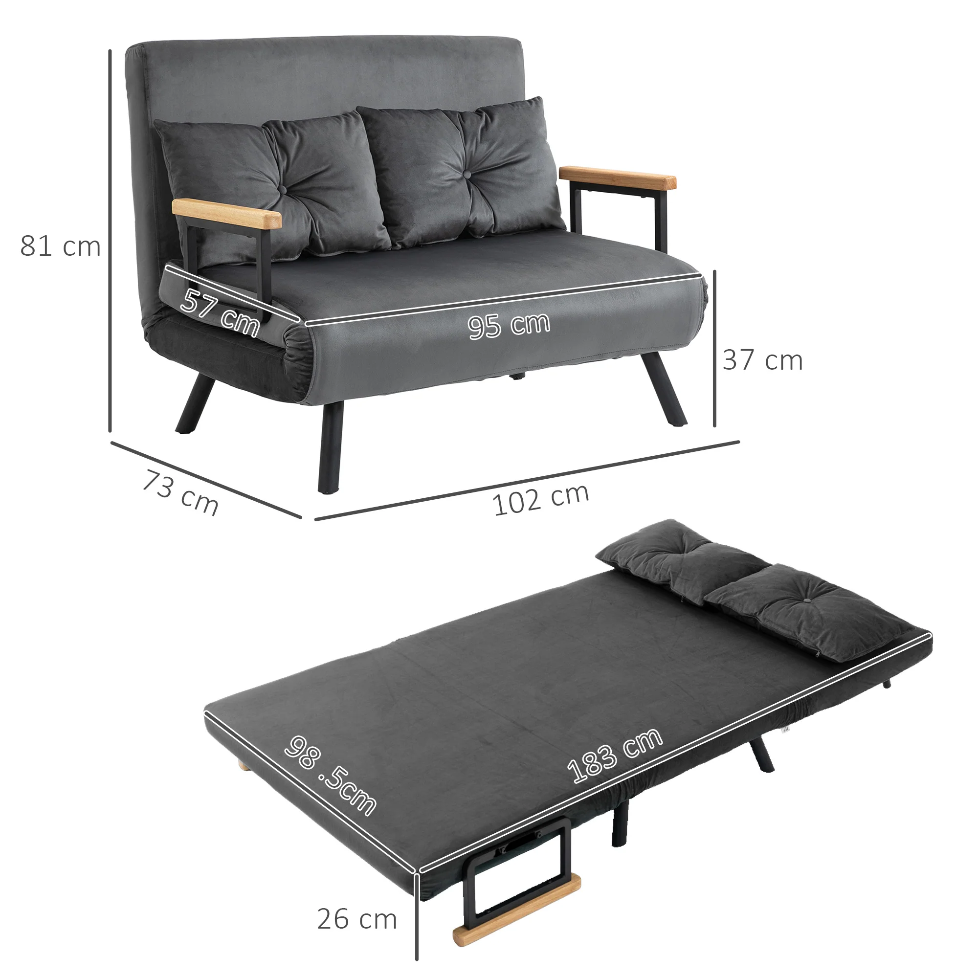 Canapé convertible 2 places 4 en 1, chauffeuse, fauteuil-lit pliant avec dossier réglable 5 niveaux et 2 coussins rembourrés, tissu effet velours pour salon, chambre d'amis, 102x73x81cm, gris - Image 4