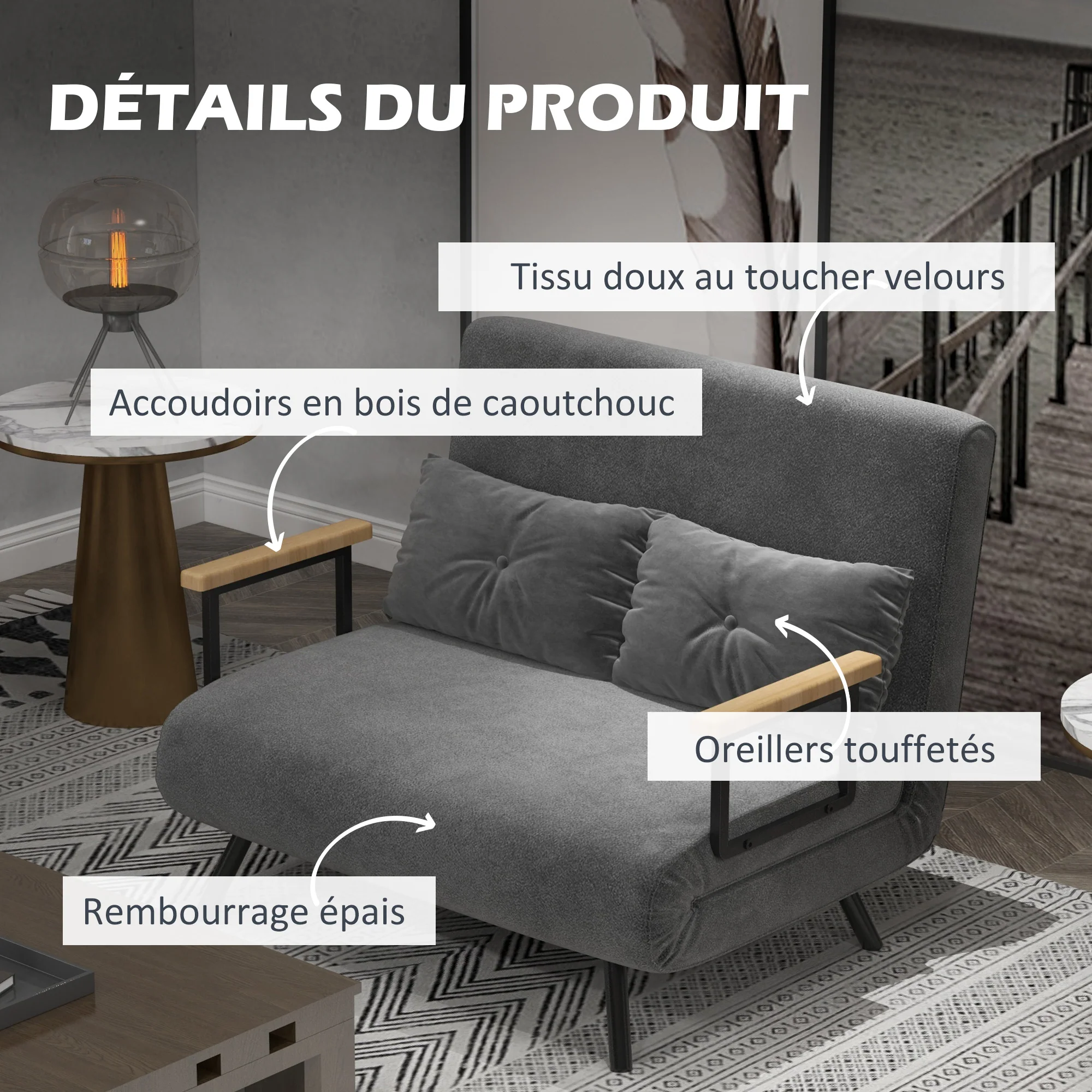 Canapé convertible 2 places 4 en 1, chauffeuse, fauteuil-lit pliant avec dossier réglable 5 niveaux et 2 coussins rembourrés, tissu effet velours pour salon, chambre d'amis, 102x73x81cm, gris - Image 7