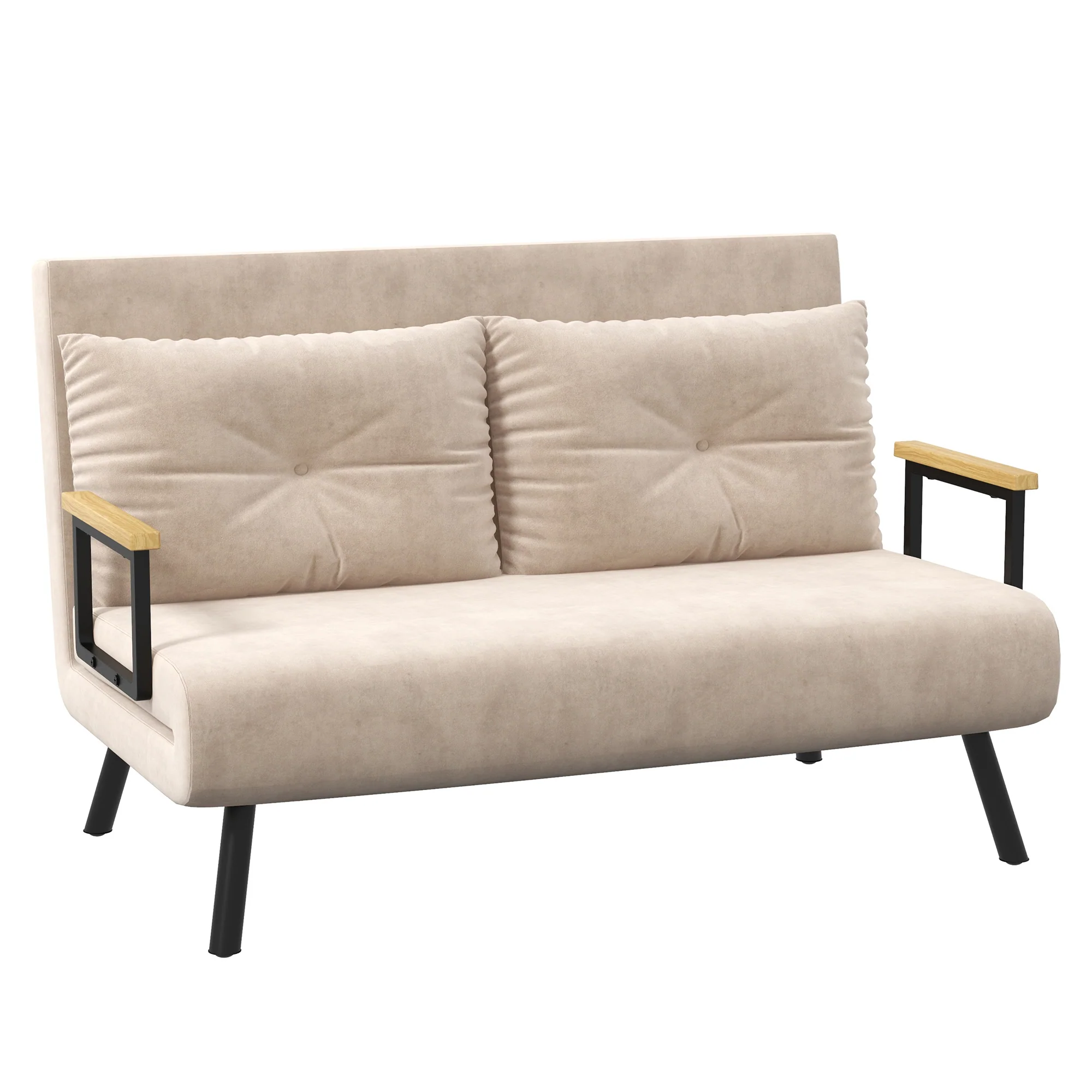 Canapé convertible 2 places 4 en 1, chauffeuse, fauteuil-lit pliant avec dossier réglable 5 niveaux et 2 coussins rembourrés, tissu effet velours pour salon, chambre d'amis, 102x73x81cm, beige - Image 11