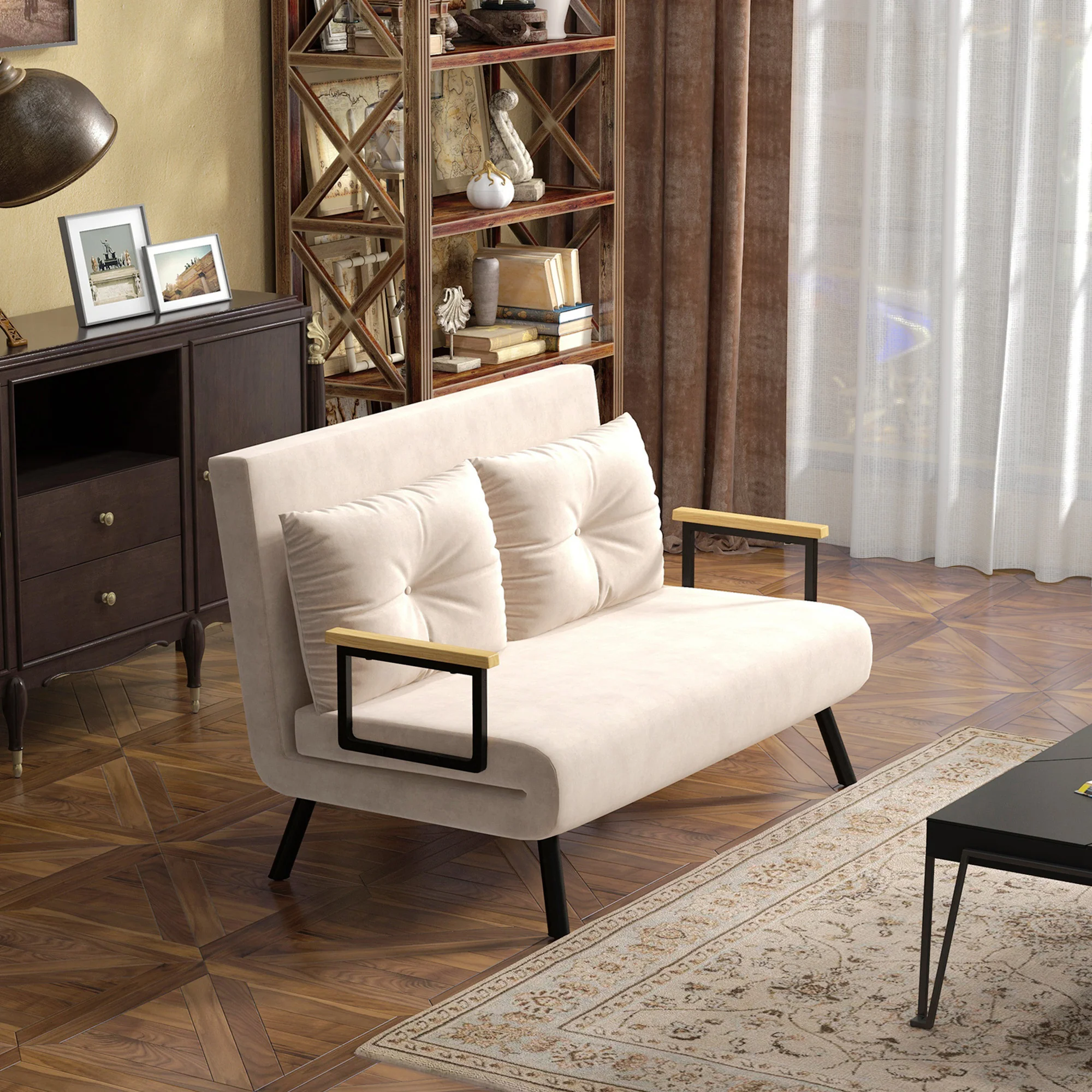 Canapé convertible 2 places 4 en 1, chauffeuse, fauteuil-lit pliant avec dossier réglable 5 niveaux et 2 coussins rembourrés, tissu effet velours pour salon, chambre d'amis, 102x73x81cm, beige - Image 3