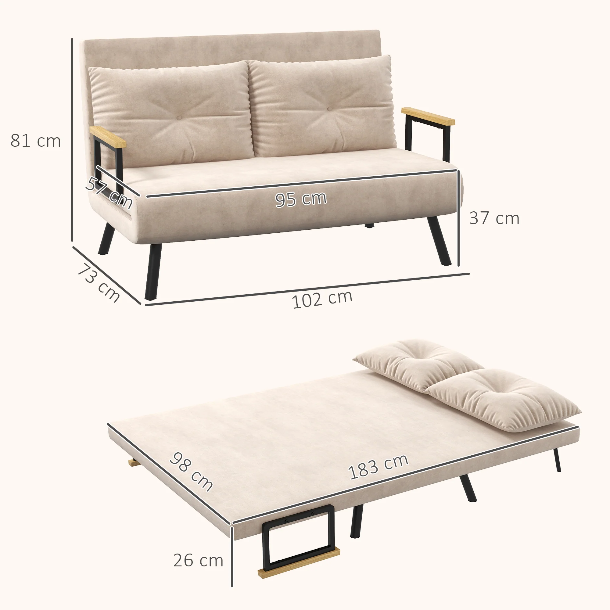Canapé convertible 2 places 4 en 1, chauffeuse, fauteuil-lit pliant avec dossier réglable 5 niveaux et 2 coussins rembourrés, tissu effet velours pour salon, chambre d'amis, 102x73x81cm, beige - Image 4