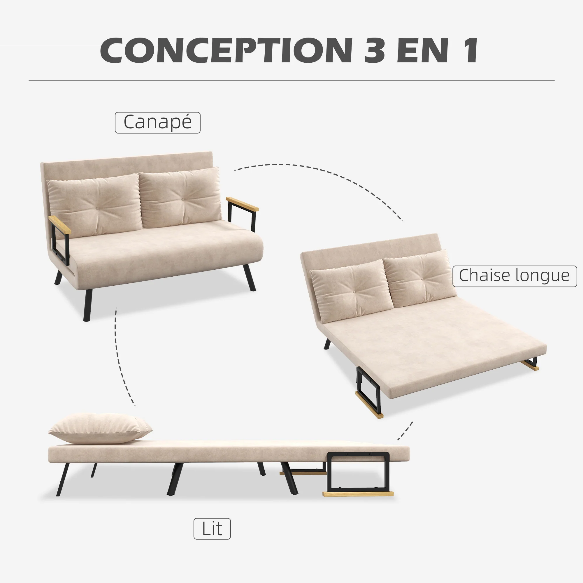 Canapé convertible 2 places 4 en 1, chauffeuse, fauteuil-lit pliant avec dossier réglable 5 niveaux et 2 coussins rembourrés, tissu effet velours pour salon, chambre d'amis, 102x73x81cm, beige - Image 5