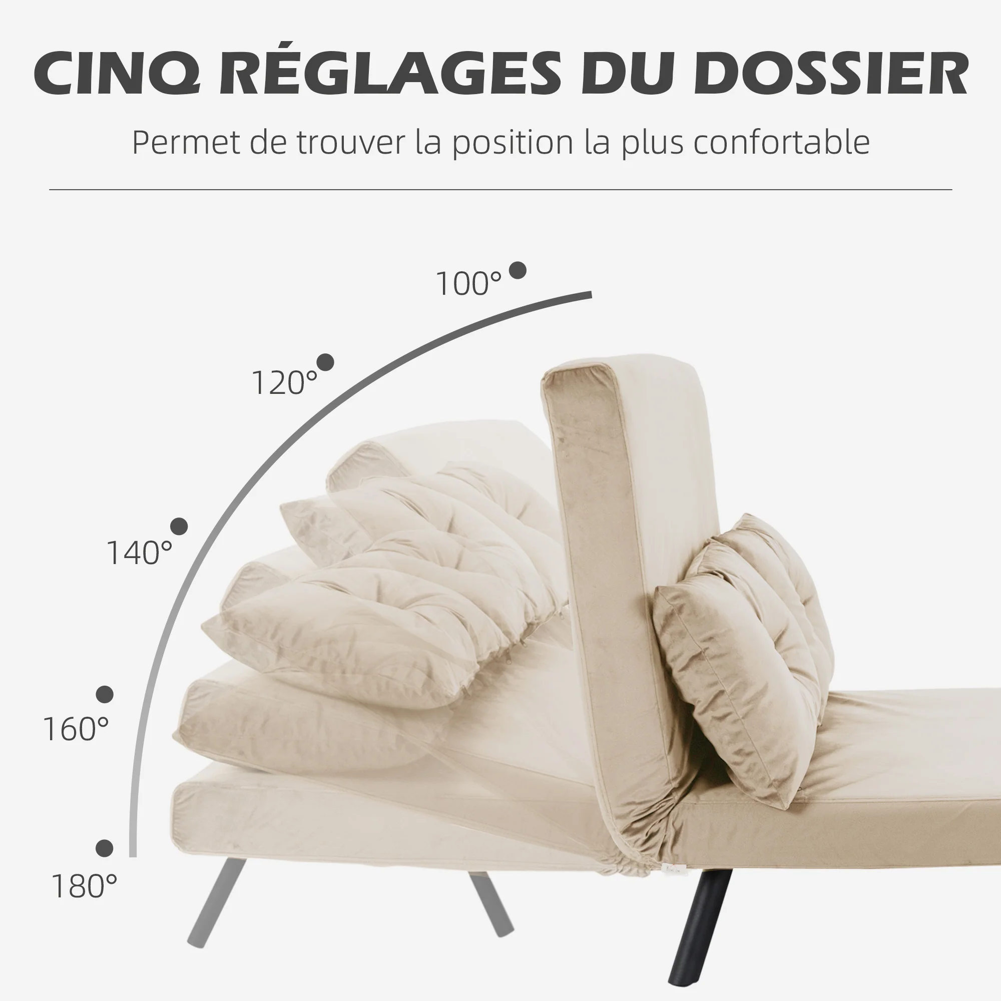 Canapé convertible 2 places 4 en 1, chauffeuse, fauteuil-lit pliant avec dossier réglable 5 niveaux et 2 coussins rembourrés, tissu effet velours pour salon, chambre d'amis, 102x73x81cm, beige - Image 6