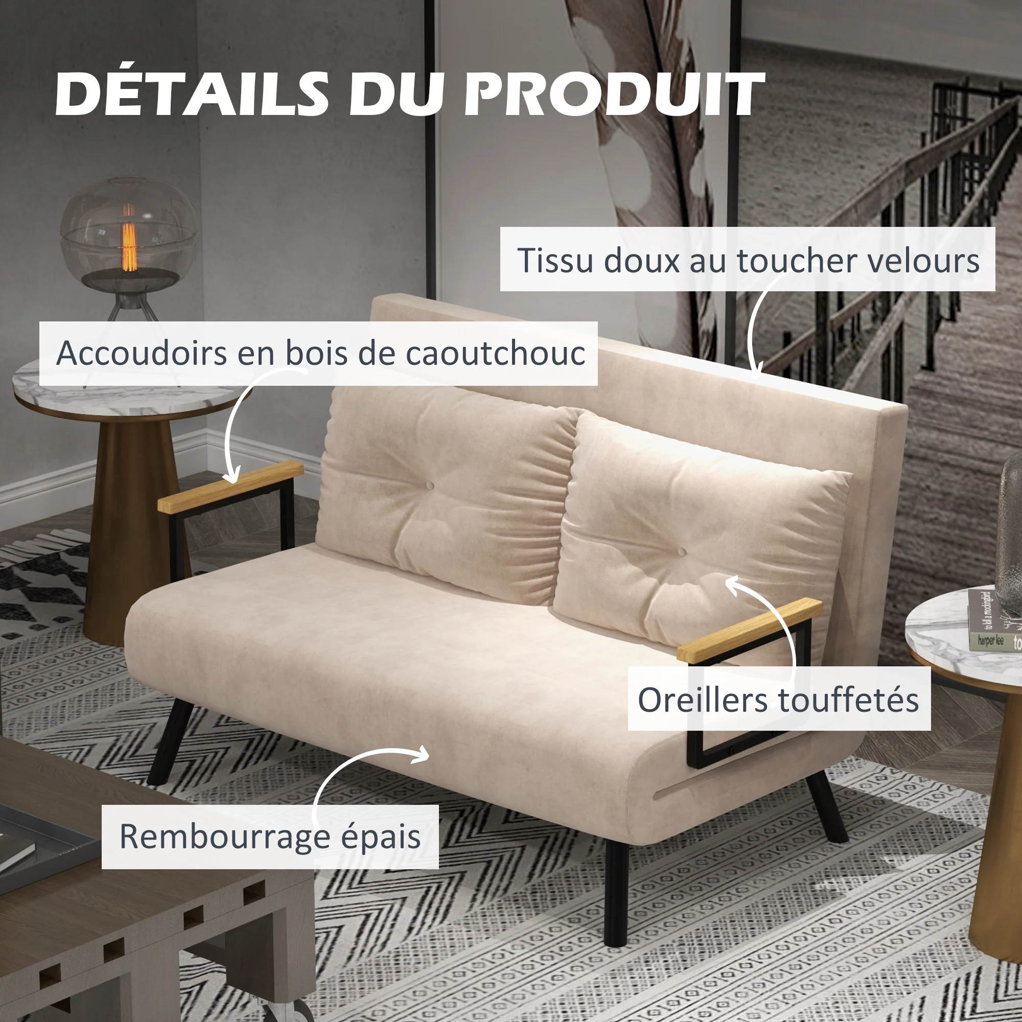 Canapé convertible 2 places 4 en 1, chauffeuse, fauteuil-lit pliant avec dossier réglable 5 niveaux et 2 coussins rembourrés, tissu effet velours pour salon, chambre d'amis, 102x73x81cm, beige - Image 7