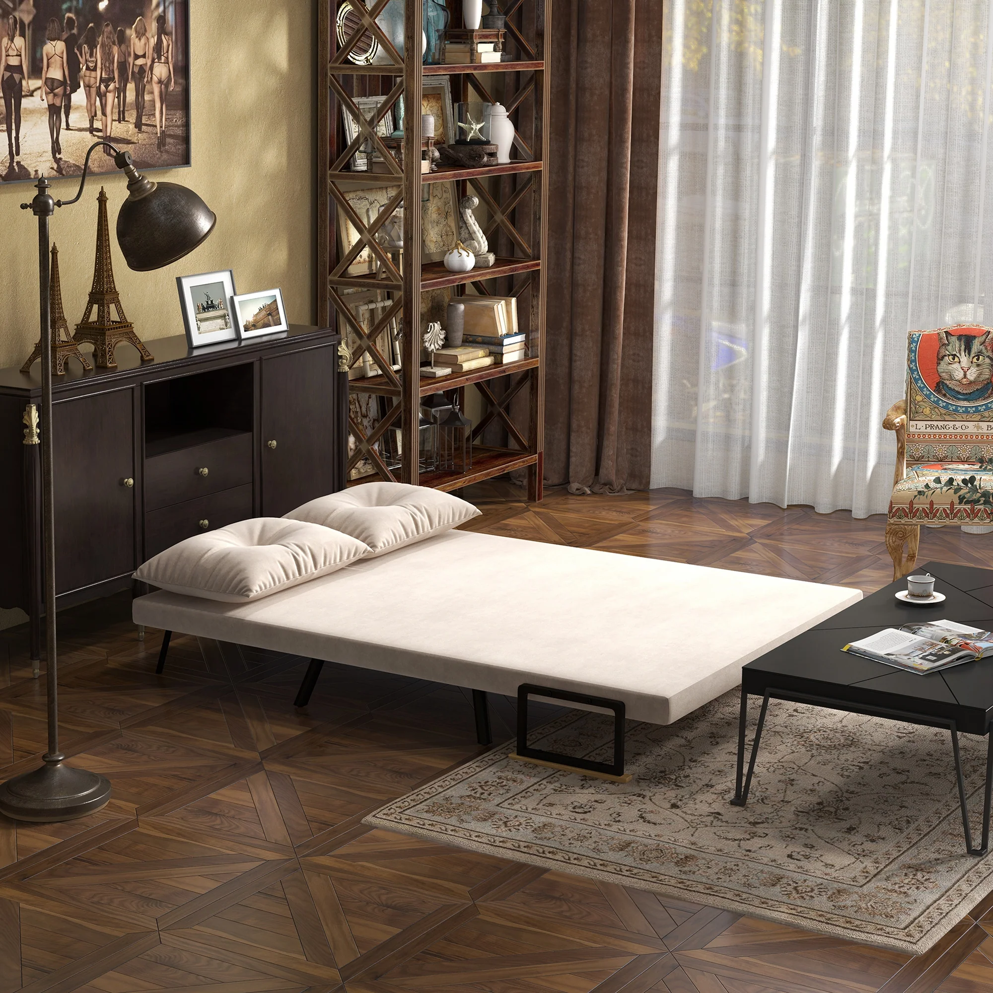 Canapé convertible 2 places 4 en 1, chauffeuse, fauteuil-lit pliant avec dossier réglable 5 niveaux et 2 coussins rembourrés, tissu effet velours pour salon, chambre d'amis, 102x73x81cm, beige - Image 8