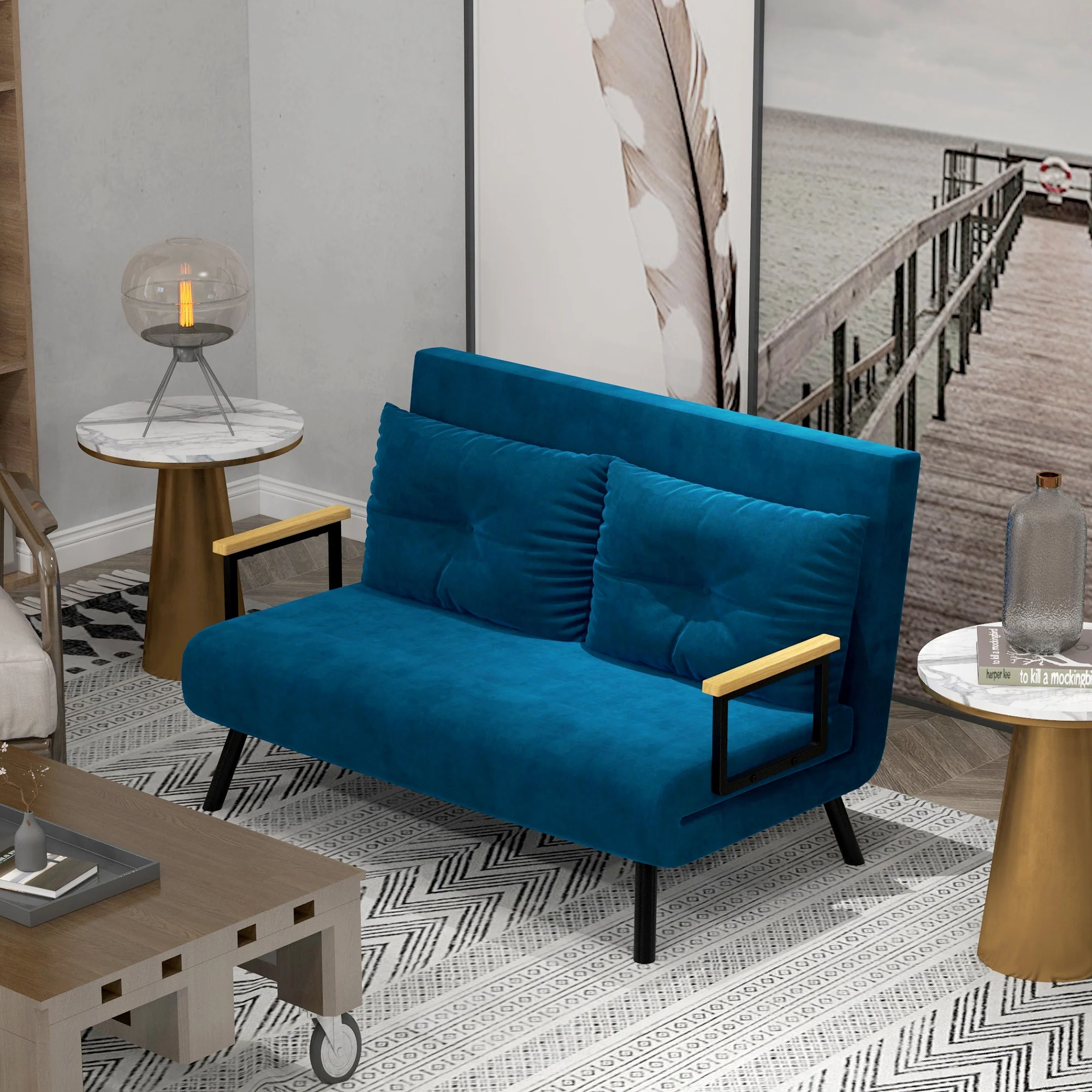 Canapé convertible 2 places 4 en 1, chauffeuse, fauteuil-lit pliant avec dossier réglable 5 niveaux et 2 coussins rembourrés, tissu effet velours pour salon, chambre d'amis, 102x73x81cm, bleu - Image 3