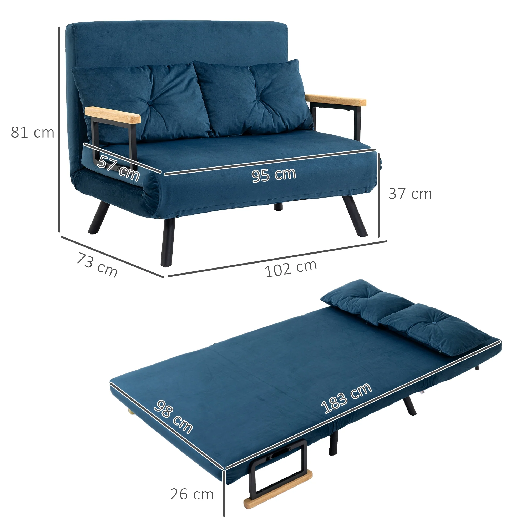 Canapé convertible 2 places 4 en 1, chauffeuse, fauteuil-lit pliant avec dossier réglable 5 niveaux et 2 coussins rembourrés, tissu effet velours pour salon, chambre d'amis, 102x73x81cm, bleu - Image 4