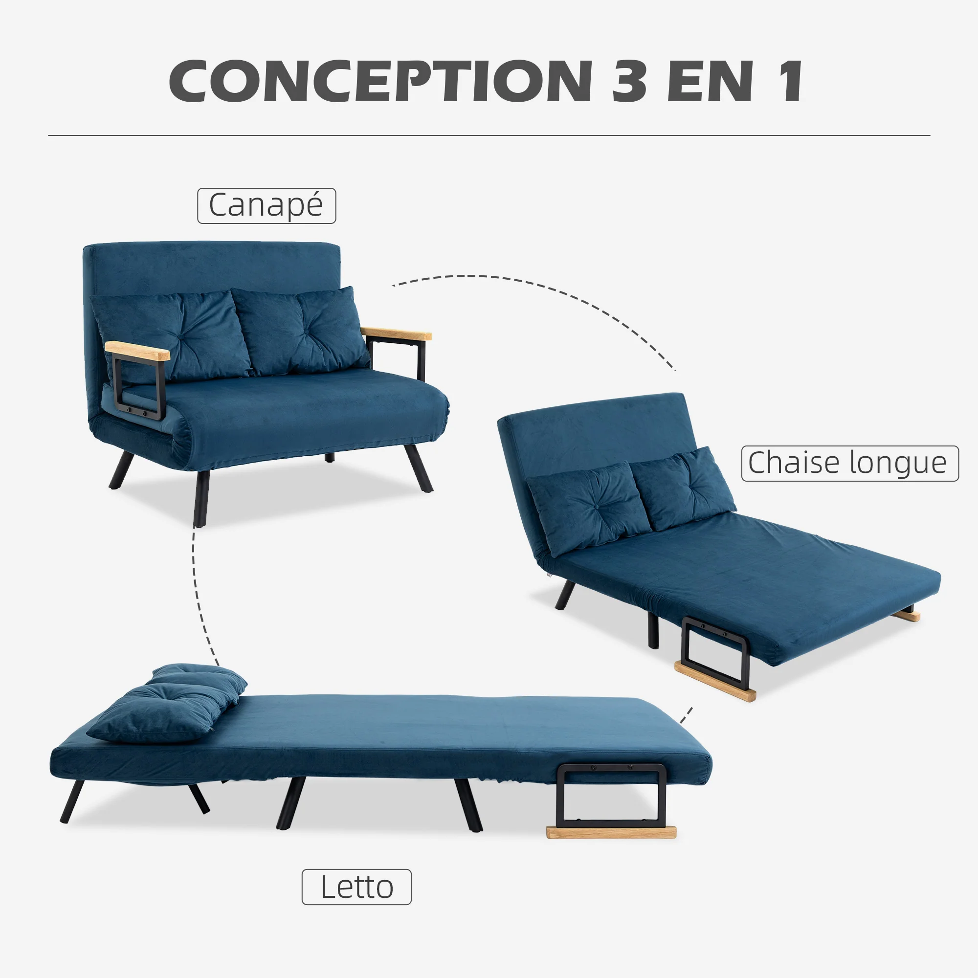 Canapé convertible 2 places 4 en 1, chauffeuse, fauteuil-lit pliant avec dossier réglable 5 niveaux et 2 coussins rembourrés, tissu effet velours pour salon, chambre d'amis, 102x73x81cm, bleu - Image 5