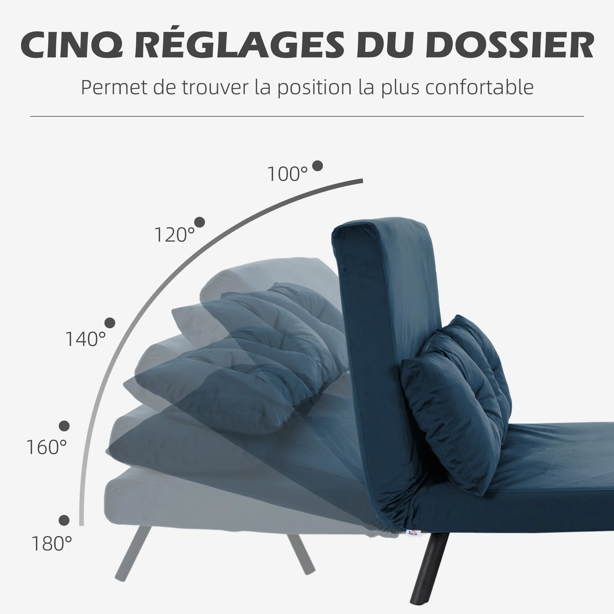 Canapé convertible 2 places 4 en 1, chauffeuse, fauteuil-lit pliant avec dossier réglable 5 niveaux et 2 coussins rembourrés, tissu effet velours pour salon, chambre d'amis, 102x73x81cm, bleu - Image 6