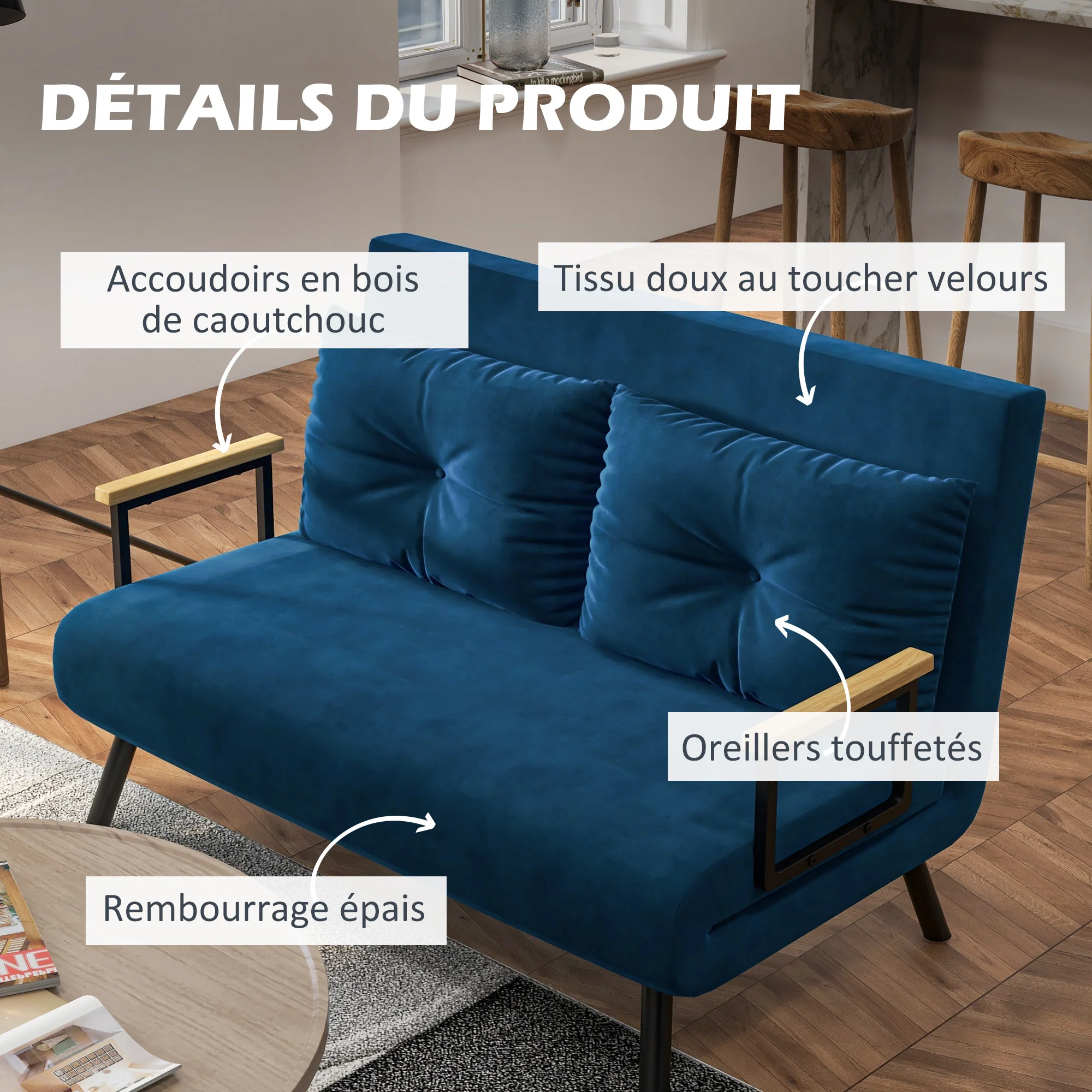 Canapé convertible 2 places 4 en 1, chauffeuse, fauteuil-lit pliant avec dossier réglable 5 niveaux et 2 coussins rembourrés, tissu effet velours pour salon, chambre d'amis, 102x73x81cm, bleu - Image 7