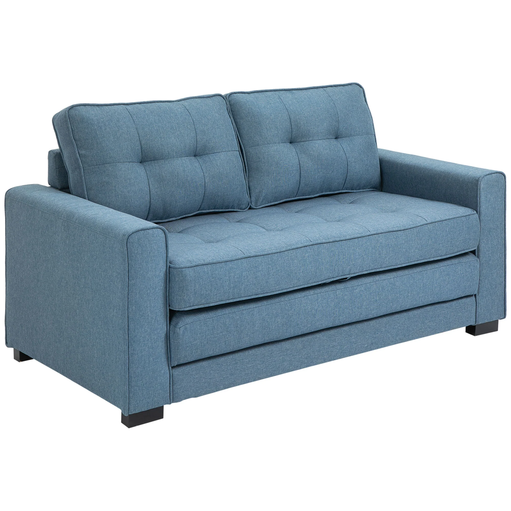 Canapé convertible 2 places canapé-lit avec dossier capitonné, coussins et matelas pliable au sol, canapé en tissu effet lin pour salon, chambre d'amis, 147,5 x 75 x 85 cm, bleu