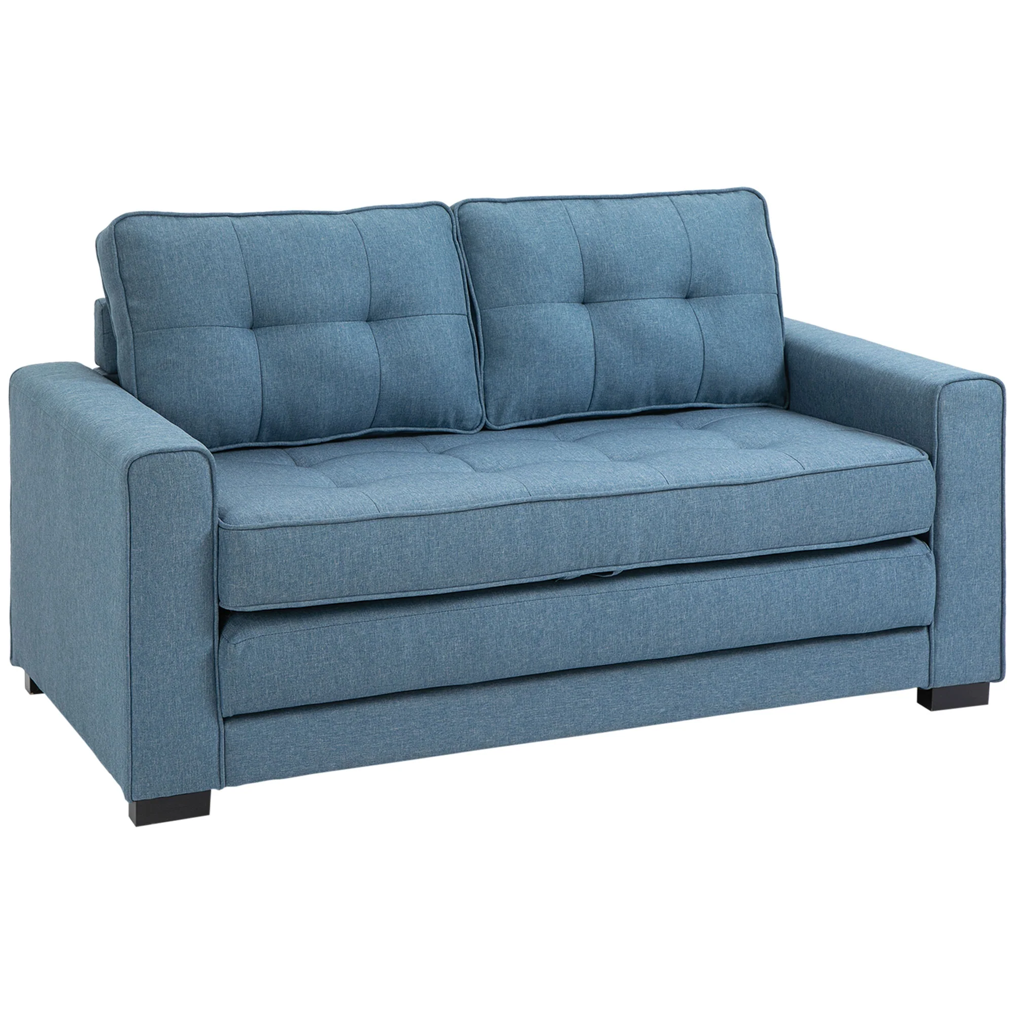 Canapé convertible 2 places canapé-lit avec dossier capitonné, coussins et matelas pliable au sol, canapé en tissu effet lin pour salon, chambre d'amis, 147,5 x 75 x 85 cm, bleu - Image 2