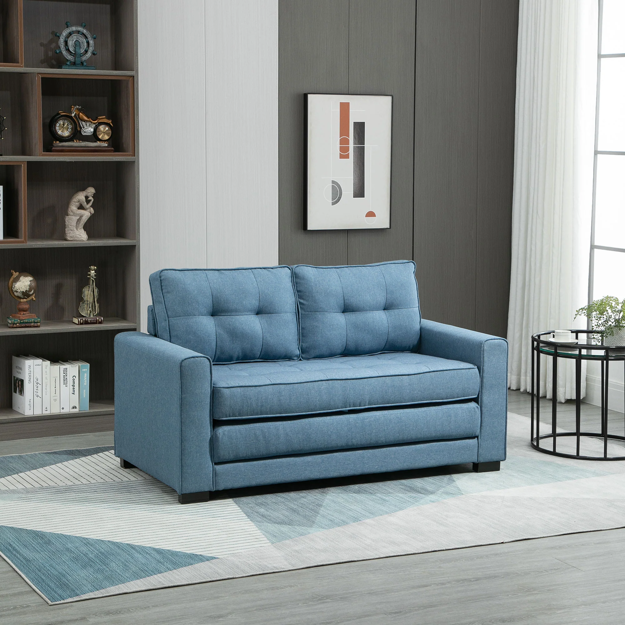 Canapé convertible 2 places canapé-lit avec dossier capitonné, coussins et matelas pliable au sol, canapé en tissu effet lin pour salon, chambre d'amis, 147,5 x 75 x 85 cm, bleu - Image 3