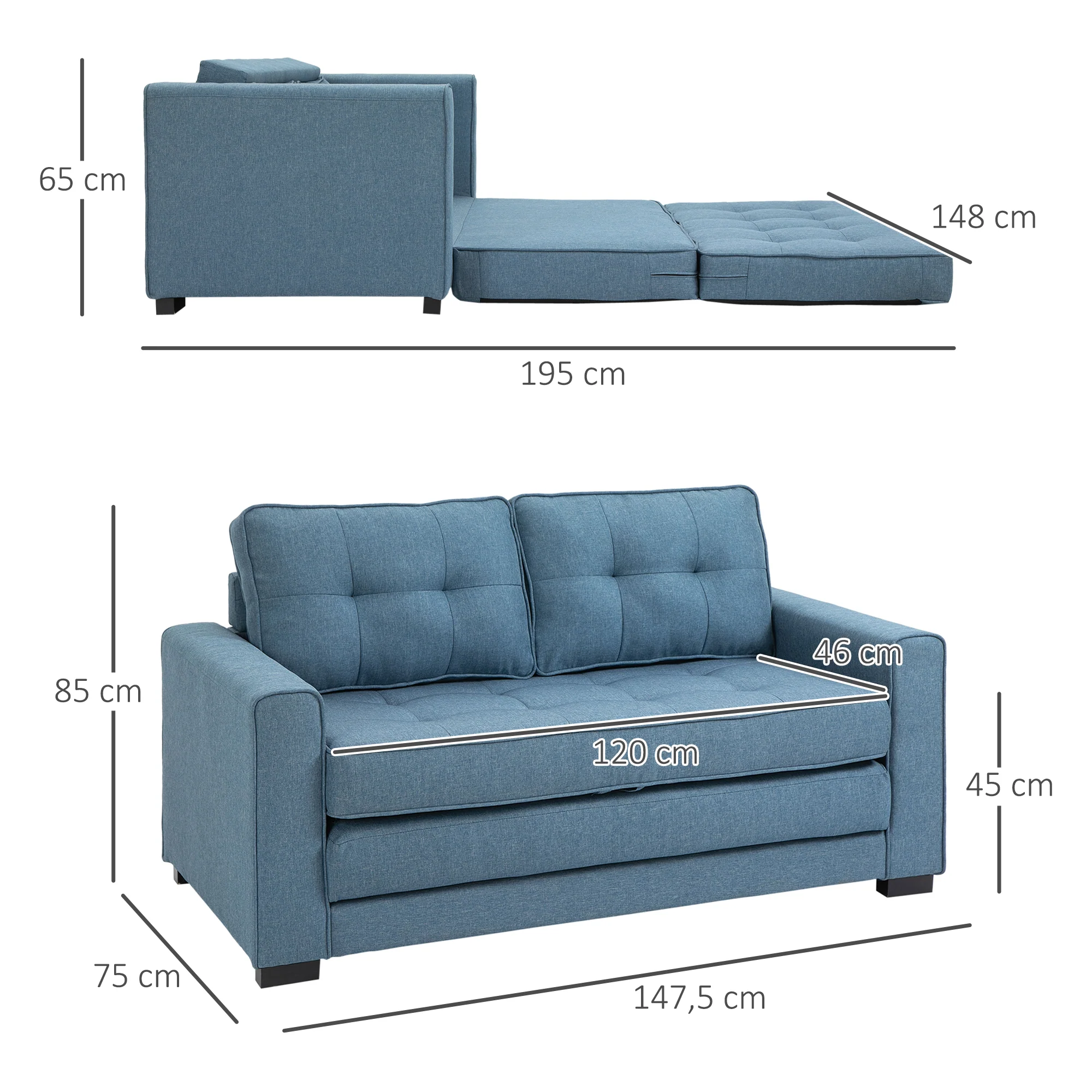 Canapé convertible 2 places canapé-lit avec dossier capitonné, coussins et matelas pliable au sol, canapé en tissu effet lin pour salon, chambre d'amis, 147,5 x 75 x 85 cm, bleu - Image 4