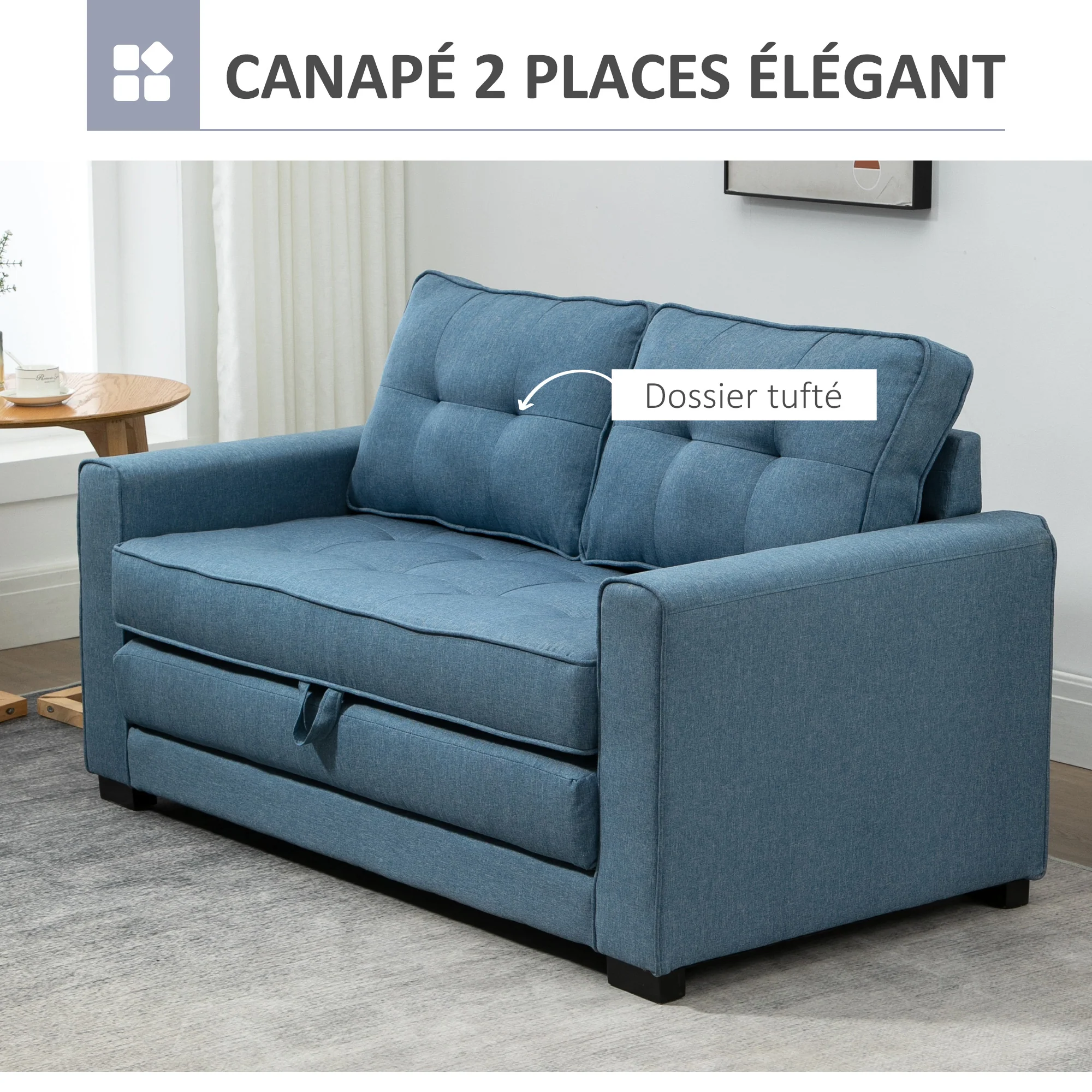 Canapé convertible 2 places canapé-lit avec dossier capitonné, coussins et matelas pliable au sol, canapé en tissu effet lin pour salon, chambre d'amis, 147,5 x 75 x 85 cm, bleu - Image 5
