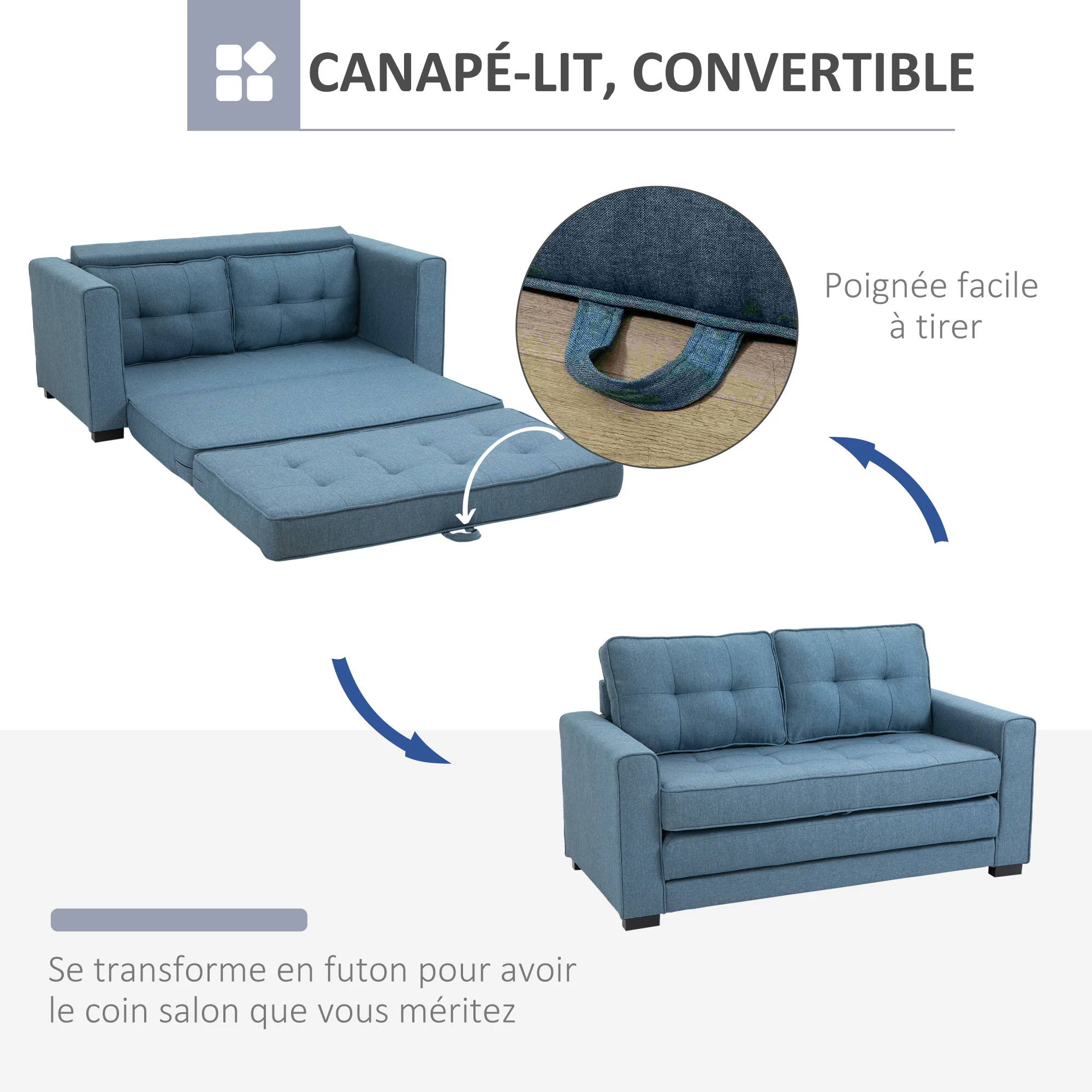 Canapé convertible 2 places canapé-lit avec dossier capitonné, coussins et matelas pliable au sol, canapé en tissu effet lin pour salon, chambre d'amis, 147,5 x 75 x 85 cm, bleu - Image 6