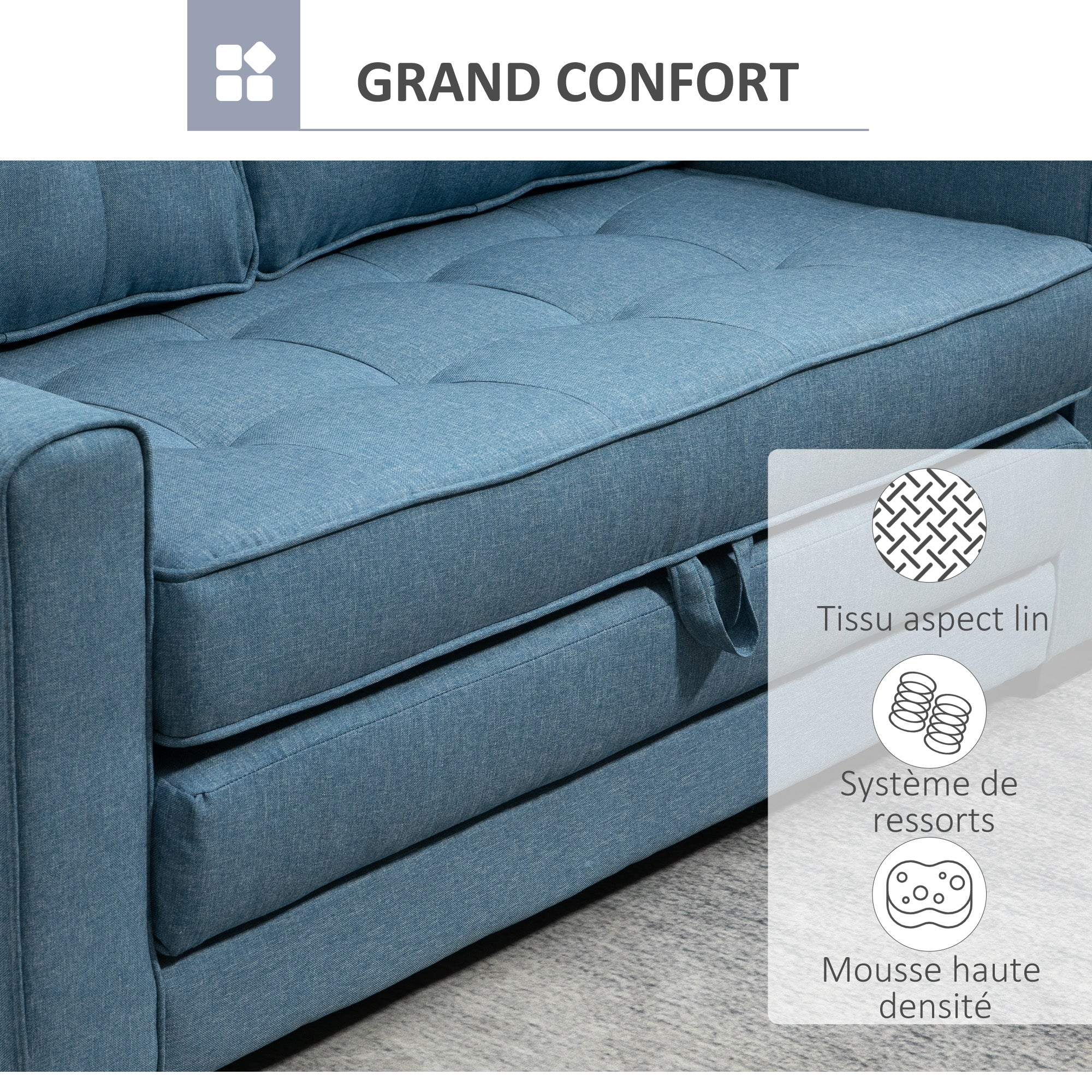 Canapé convertible 2 places canapé-lit avec dossier capitonné, coussins et matelas pliable au sol, canapé en tissu effet lin pour salon, chambre d'amis, 147,5 x 75 x 85 cm, bleu - Image 7