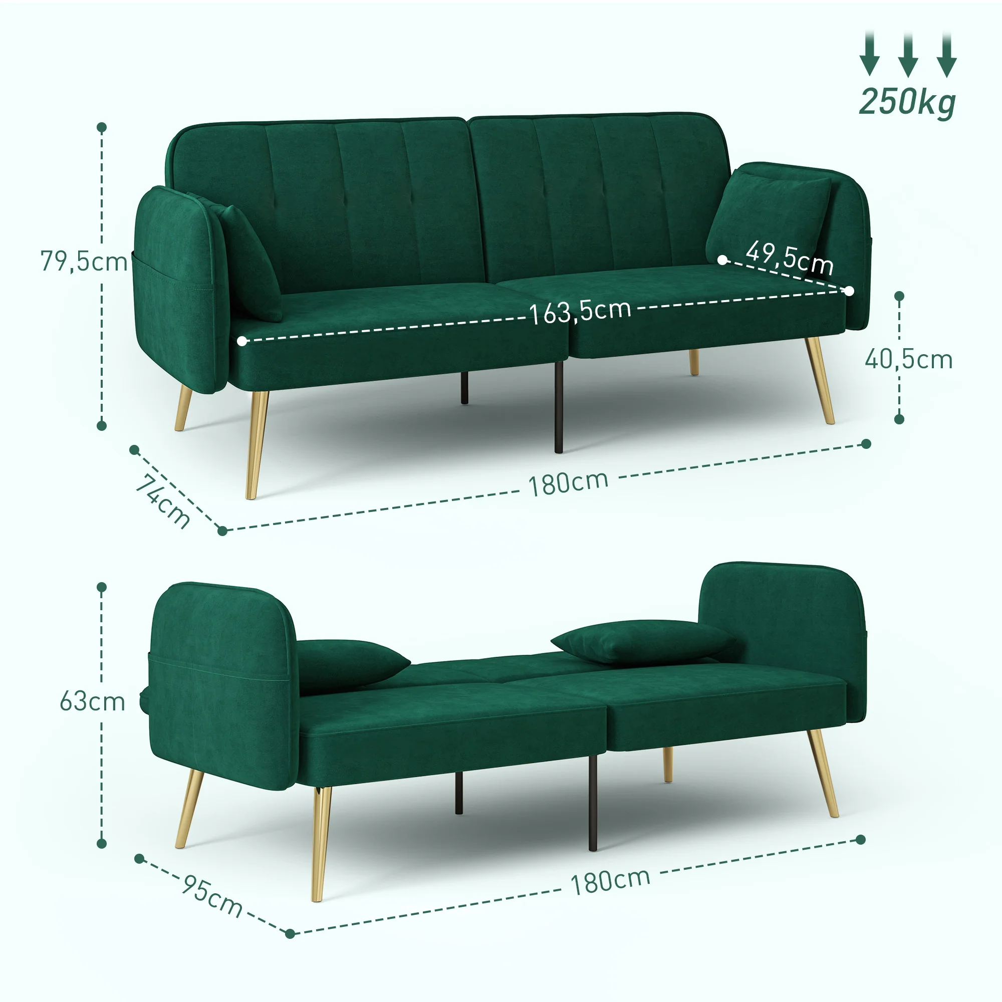 Canapé convertible 2 places canapé-lit canapé clic-clac en tissu velours avec dossier réglable et coussins pour salon, chambre d'amis, vert foncé - Image 4