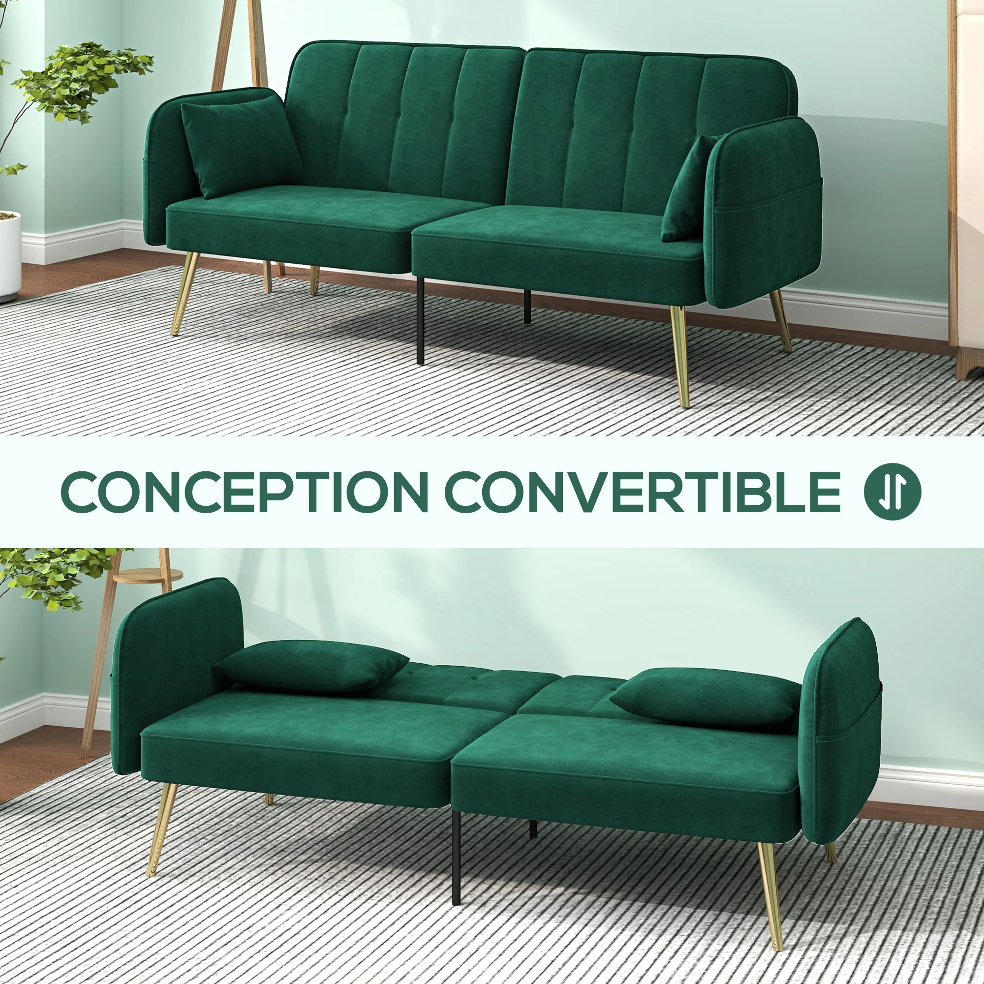Canapé convertible 2 places canapé-lit canapé clic-clac en tissu velours avec dossier réglable et coussins pour salon, chambre d'amis, vert foncé - Image 5