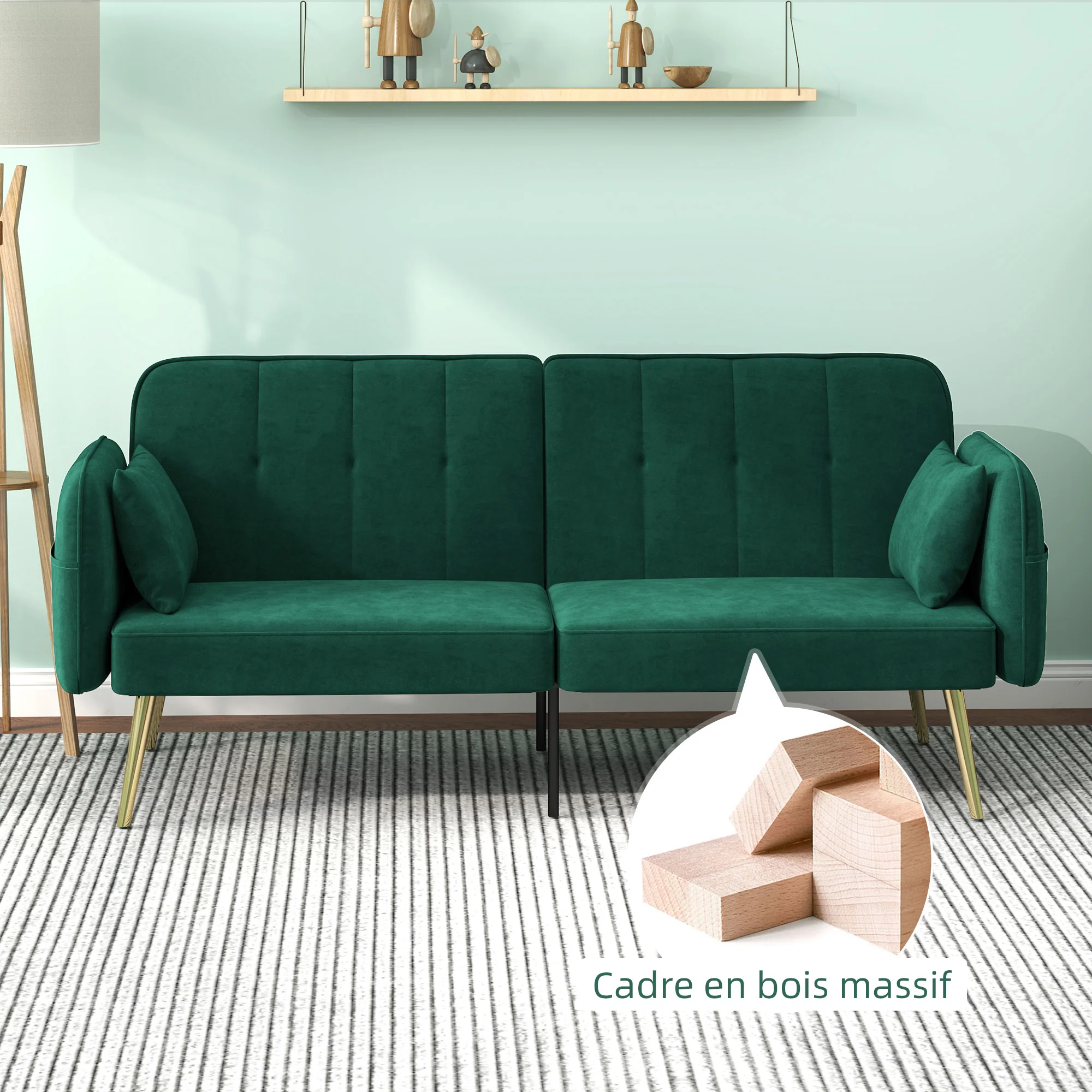 Canapé convertible 2 places canapé-lit canapé clic-clac en tissu velours avec dossier réglable et coussins pour salon, chambre d'amis, vert foncé - Image 8