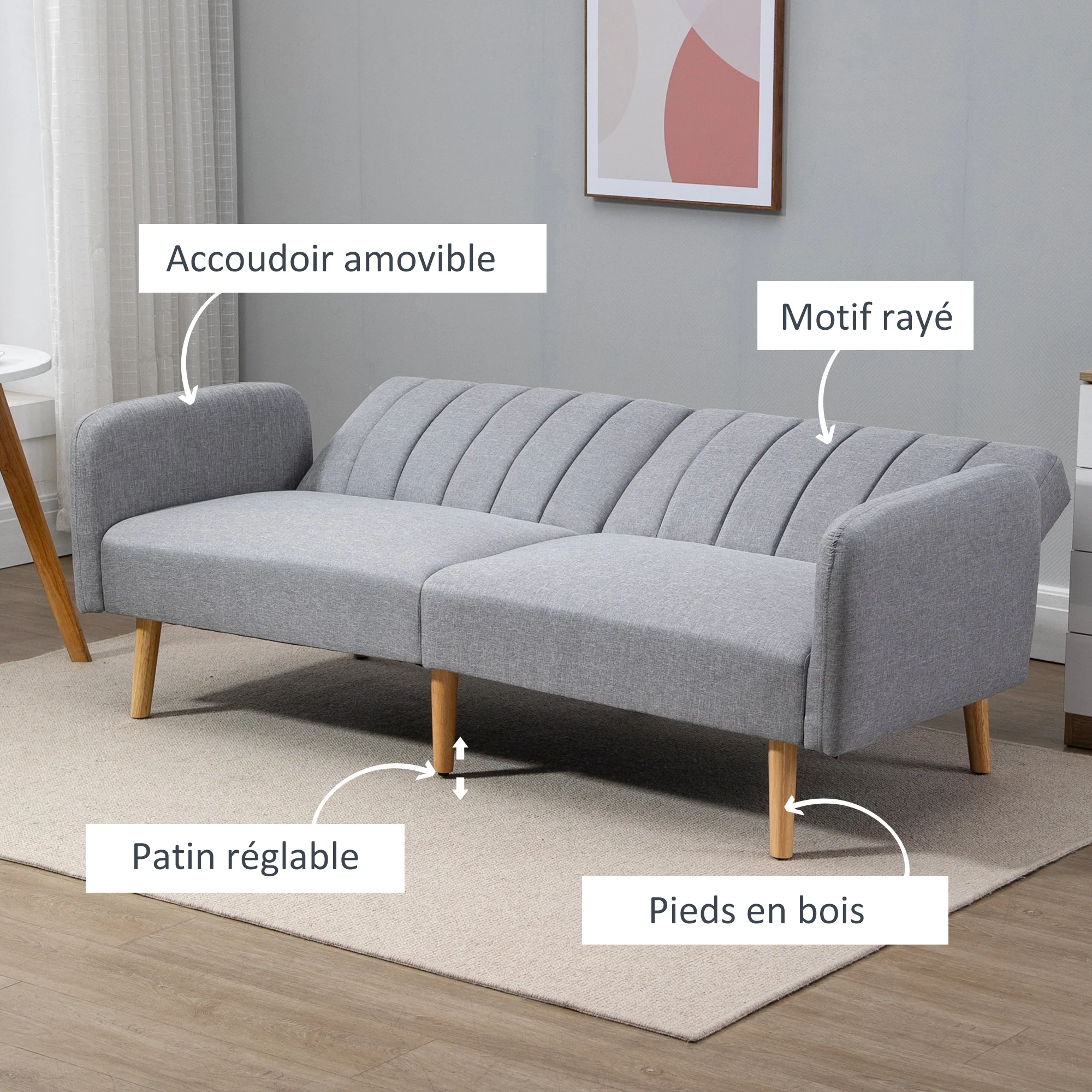 Canapé Convertible 2 Places Design scandinave Dossier inclinable 3 Positions Pieds Bois Tissu Aspect Lin Gris - Image 7