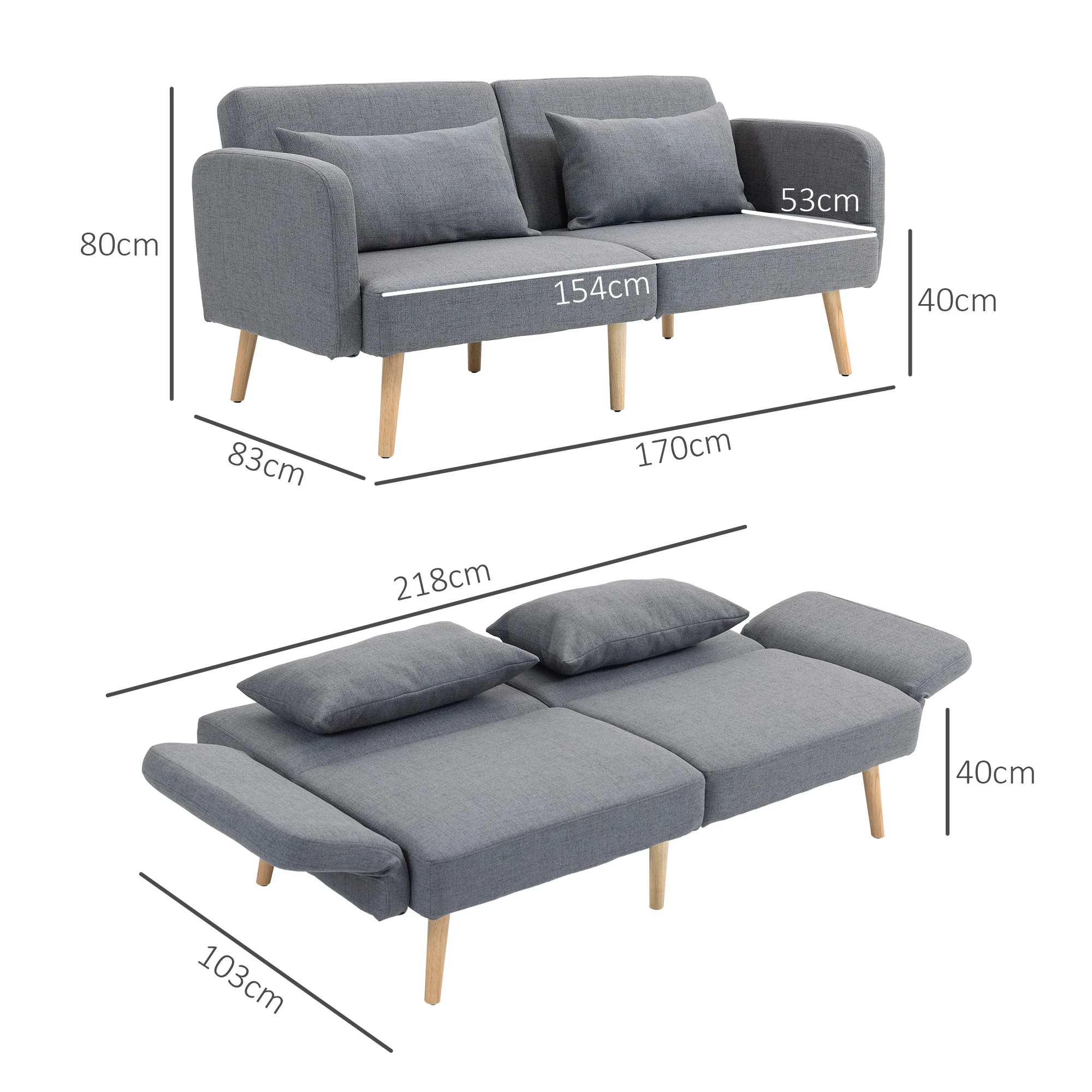 Canapé convertible 3 places, canapé-lit 2 places, dossier inclinable et accoudoirs réglables, clic clac en tissu effet lin, pieds en bois massif, 2 coussins lavables, gris - Image 4