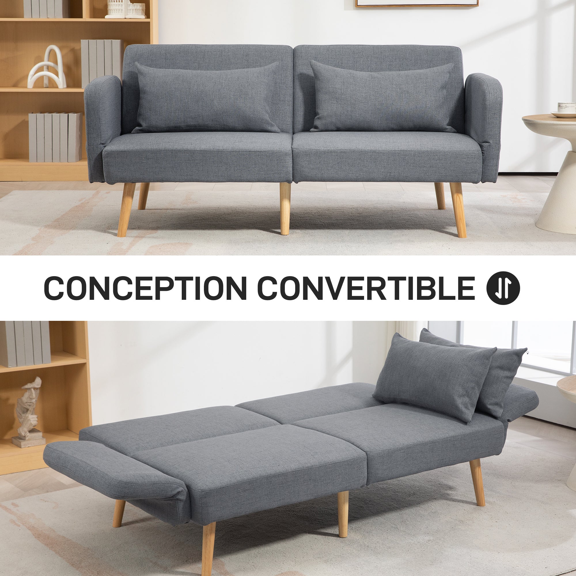 Canapé convertible 3 places, canapé-lit 2 places, dossier inclinable et accoudoirs réglables, clic clac en tissu effet lin, pieds en bois massif, 2 coussins lavables, gris - Image 5