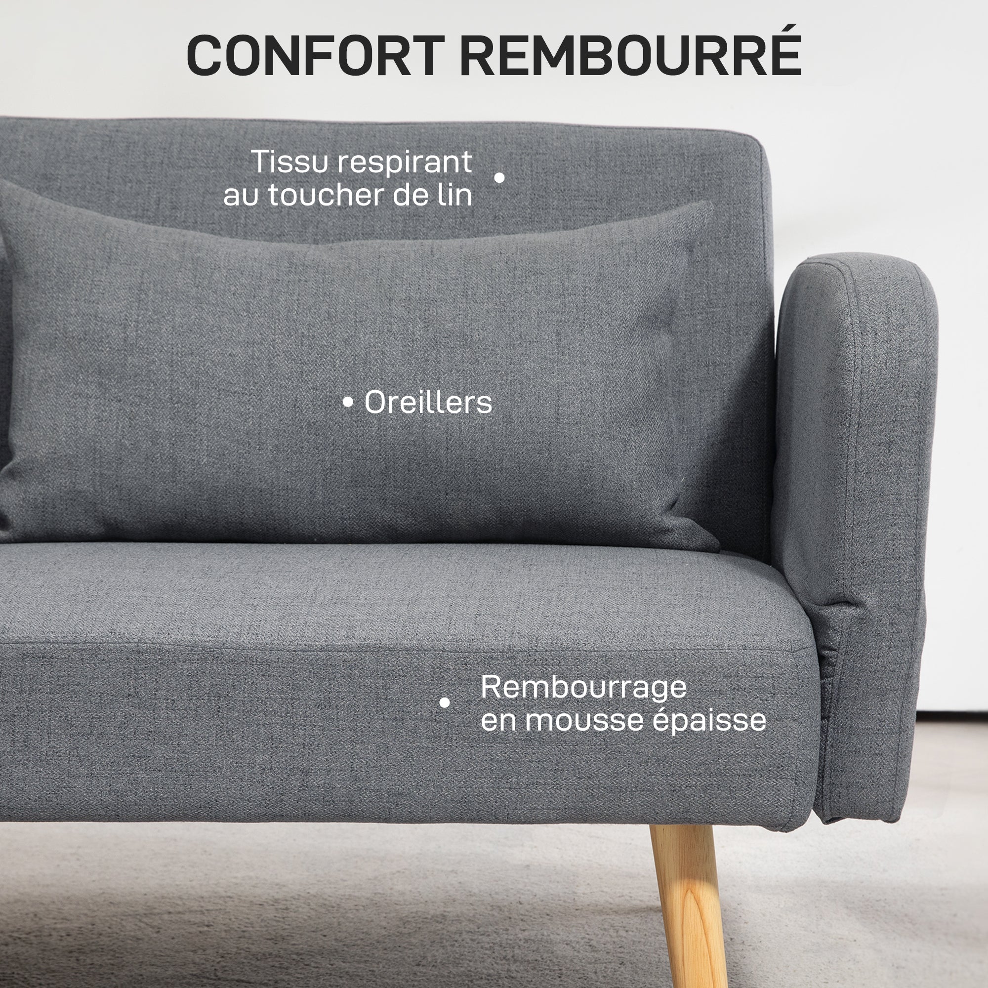 Canapé convertible 3 places, canapé-lit 2 places, dossier inclinable et accoudoirs réglables, clic clac en tissu effet lin, pieds en bois massif, 2 coussins lavables, gris - Image 6
