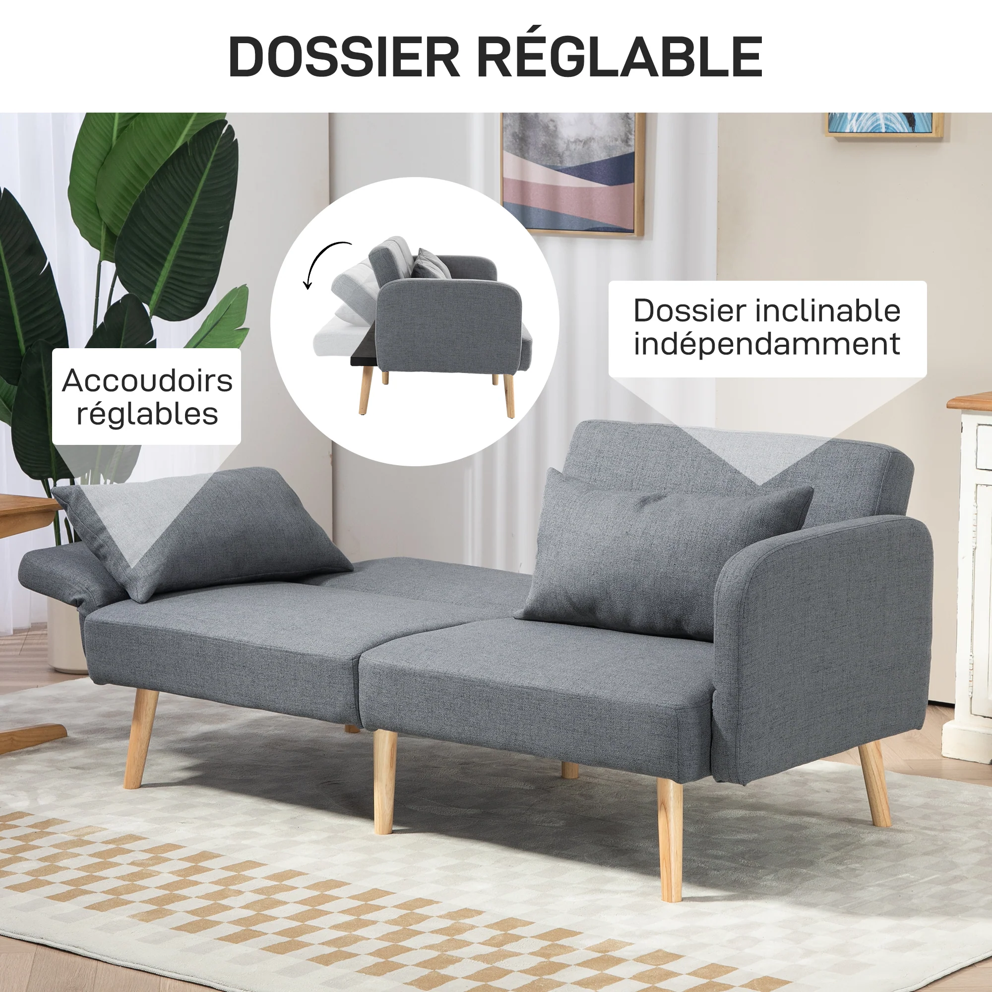 Canapé convertible 3 places, canapé-lit 2 places, dossier inclinable et accoudoirs réglables, clic clac en tissu effet lin, pieds en bois massif, 2 coussins lavables, gris - Image 7