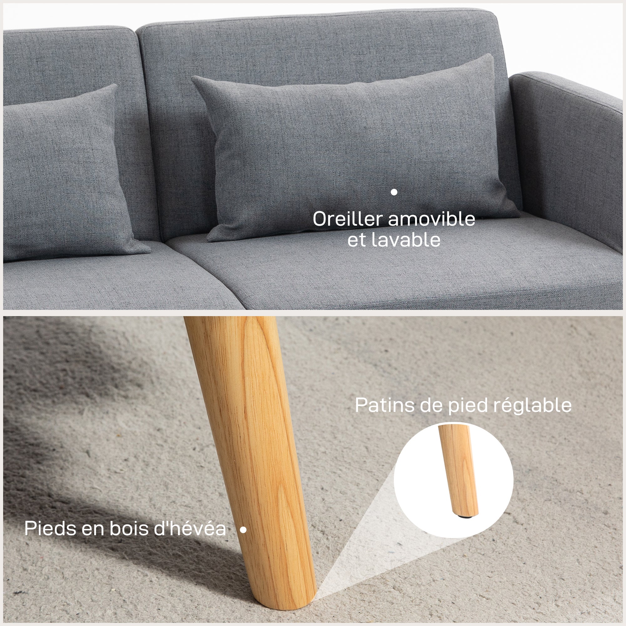 Canapé convertible 3 places, canapé-lit 2 places, dossier inclinable et accoudoirs réglables, clic clac en tissu effet lin, pieds en bois massif, 2 coussins lavables, gris - Image 8