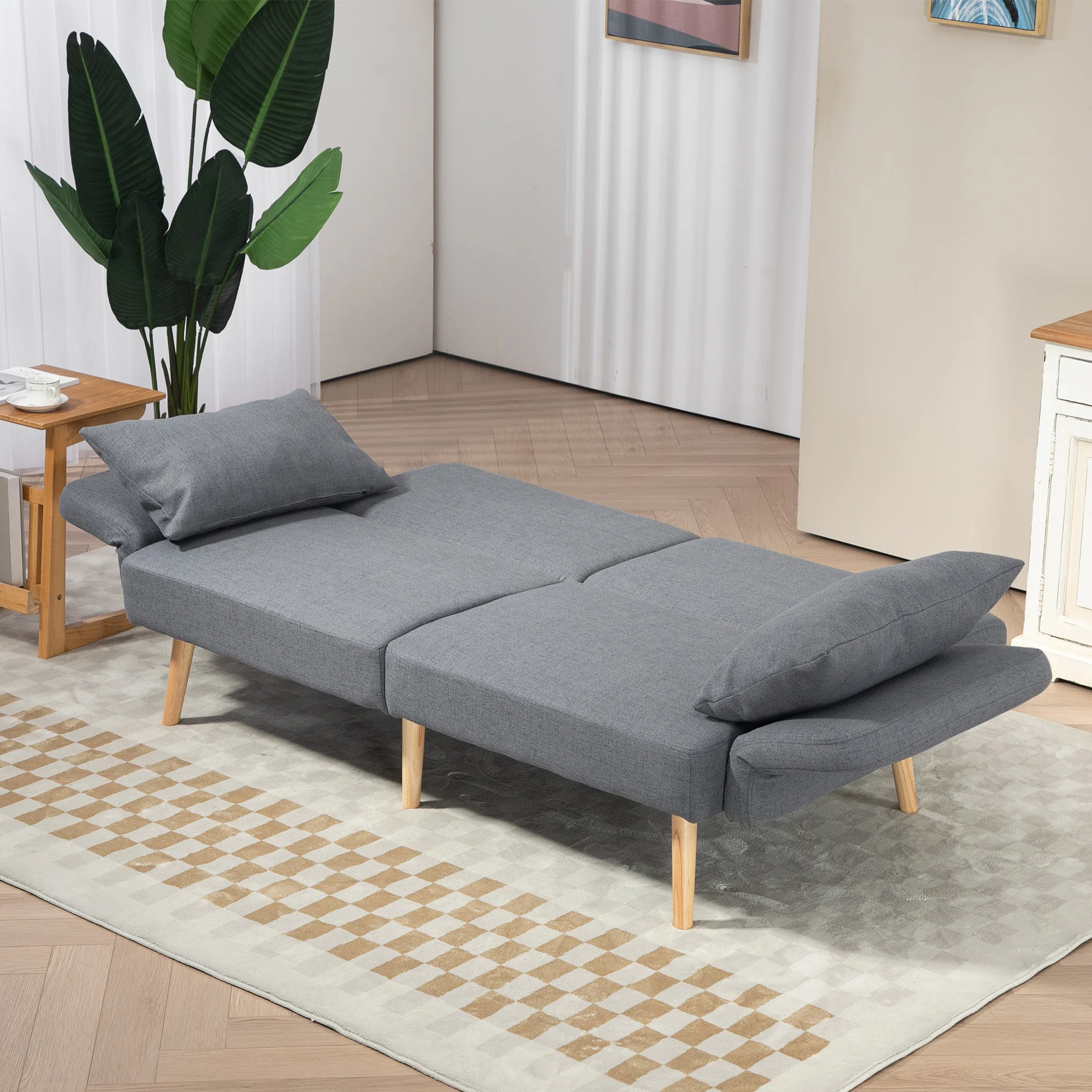 Canapé convertible 3 places, canapé-lit 2 places, dossier inclinable et accoudoirs réglables, clic clac en tissu effet lin, pieds en bois massif, 2 coussins lavables, gris - Image 9