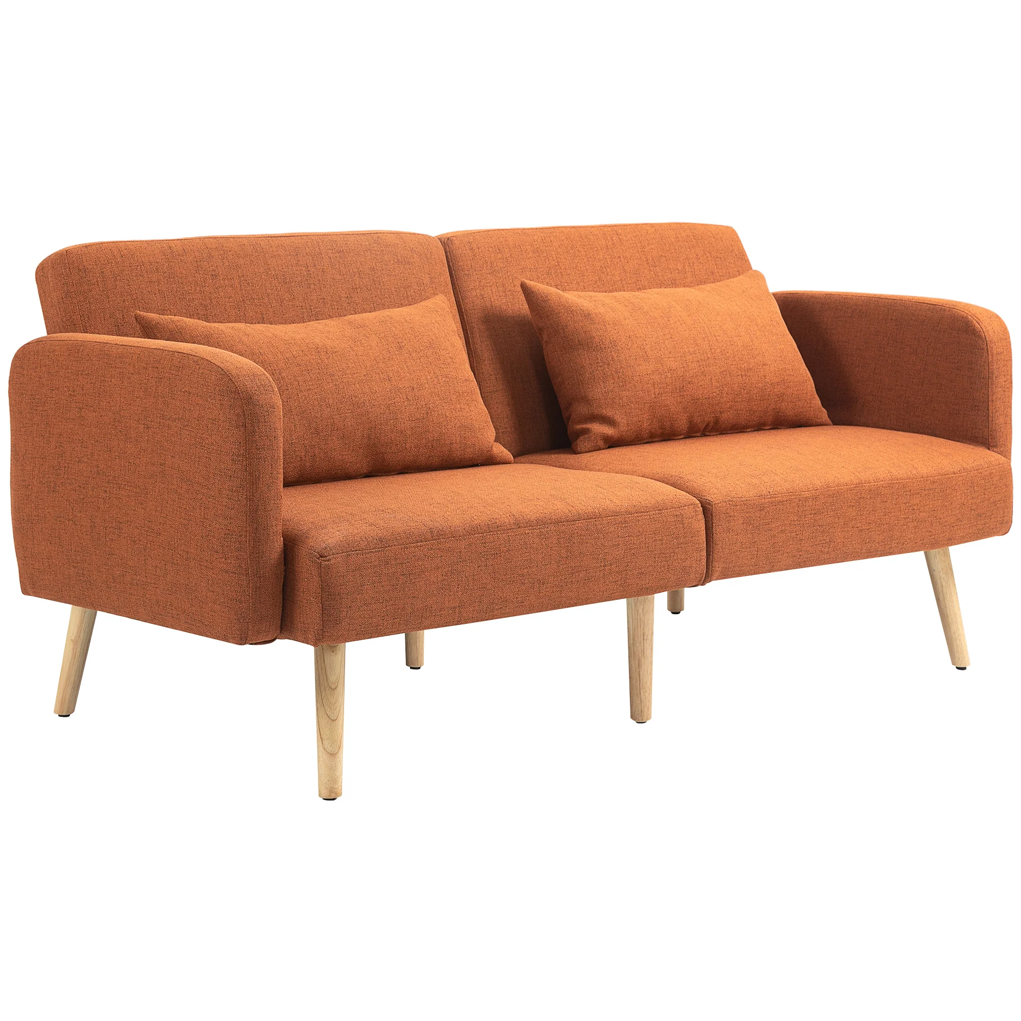 Canapé convertible 3 places, canapé-lit 2 places, dossier inclinable et accoudoirs réglables, clic clac en tissu effet lin, pieds en bois massif, 2 coussins lavables, marron - Image 11