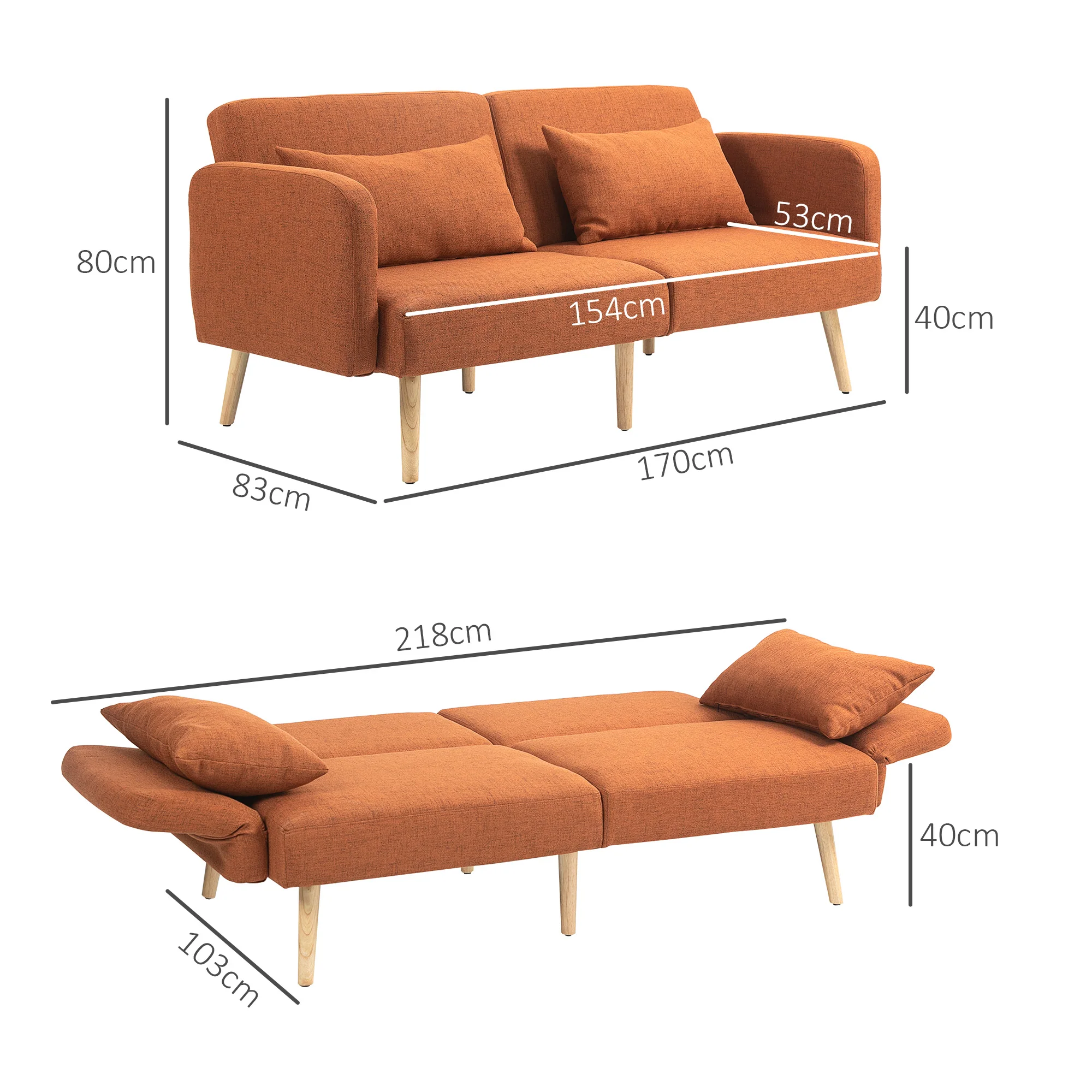 Canapé convertible 3 places, canapé-lit 2 places, dossier inclinable et accoudoirs réglables, clic clac en tissu effet lin, pieds en bois massif, 2 coussins lavables, marron - Image 4