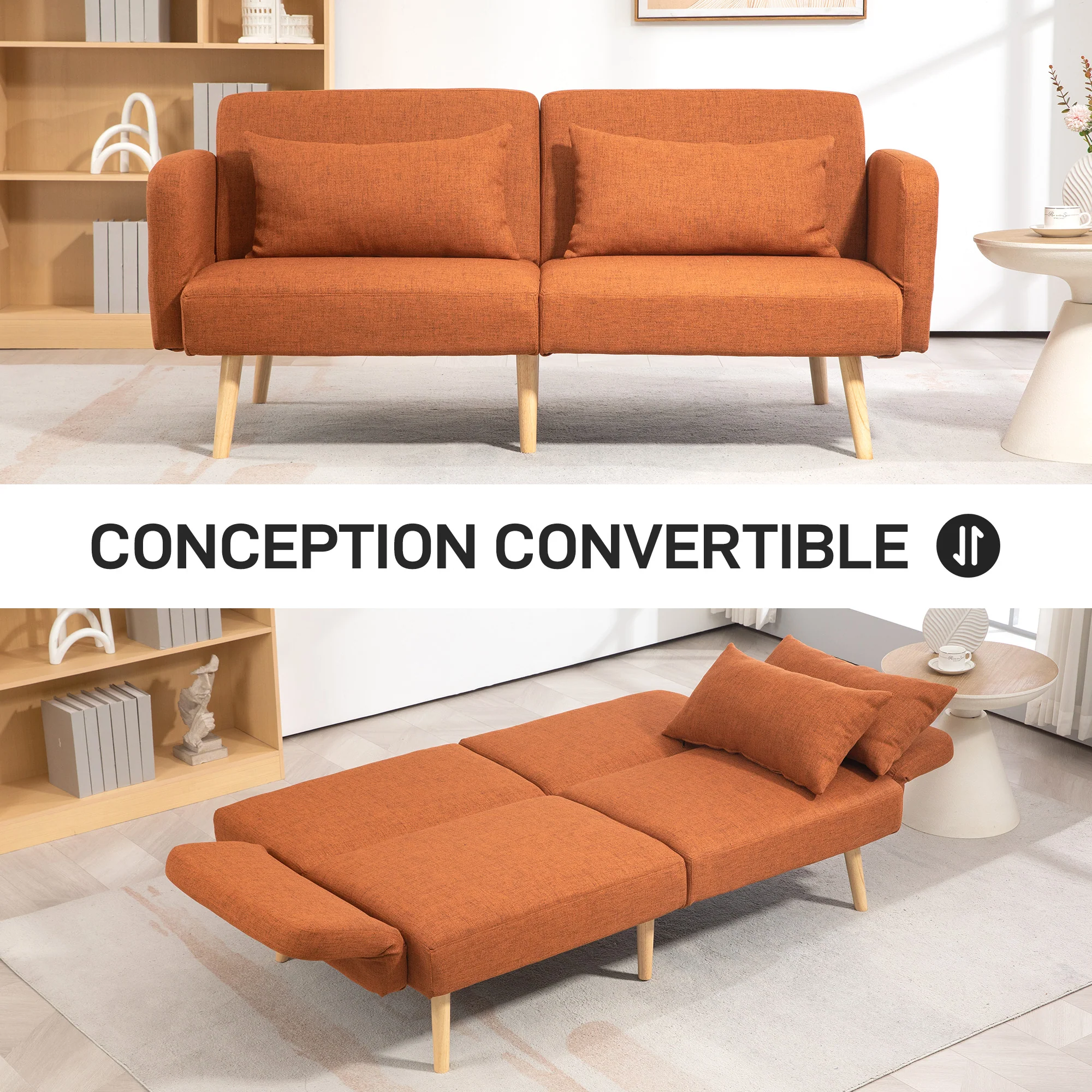 Canapé convertible 3 places, canapé-lit 2 places, dossier inclinable et accoudoirs réglables, clic clac en tissu effet lin, pieds en bois massif, 2 coussins lavables, marron - Image 5
